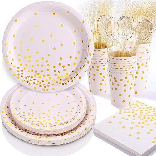 Juego de platos y servilletas de fiesta blancos y dorados, platos de papel desechables con puntos dorados, decoraciones de suministros de fiesta disponible en Yaxa Peru