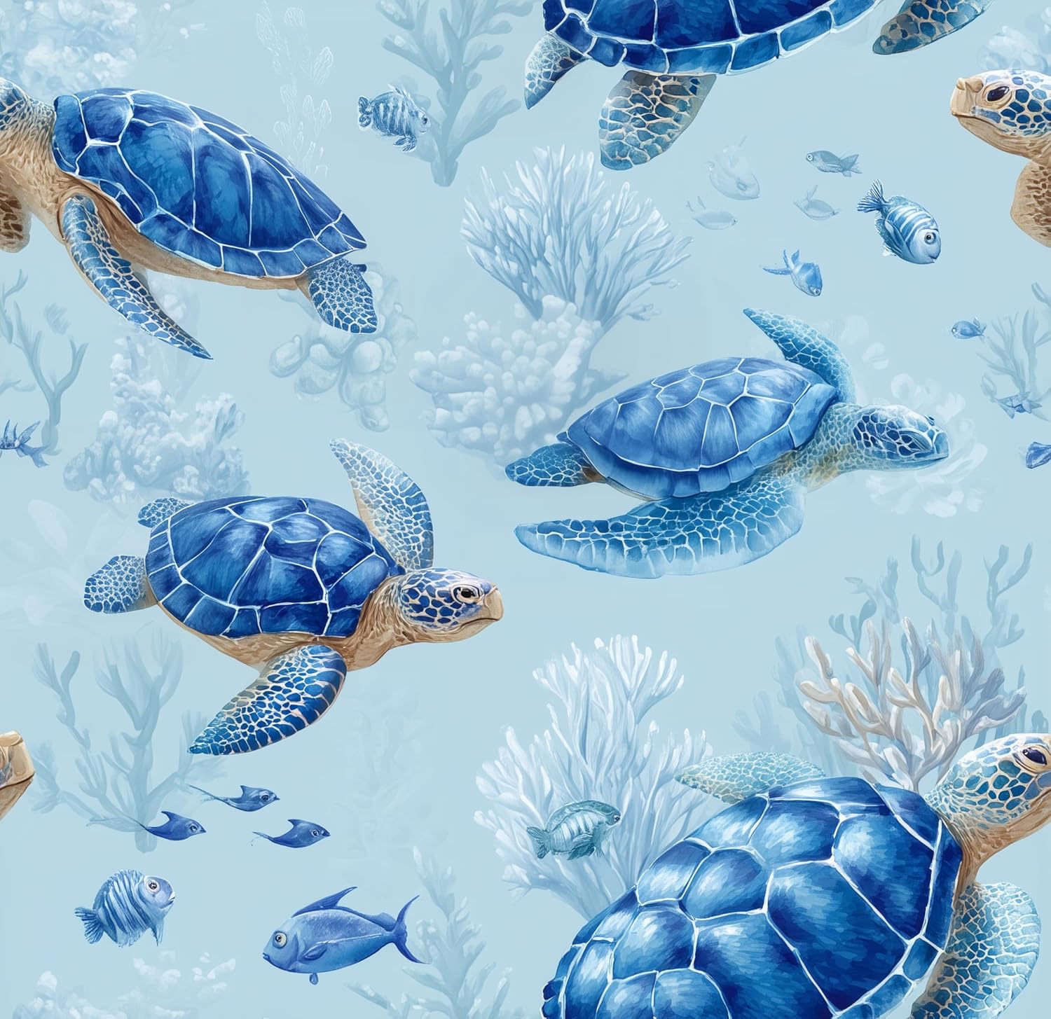 Watercolor Ocean Sea Turtle Peel and Stick Wallpaper Self Adhesive 17.72" x 236.2''Animal Fish Coral Light Blue Renter Friendly Removable Waterproof Wall Paper for Bathroom Nursery Kids Bedroom