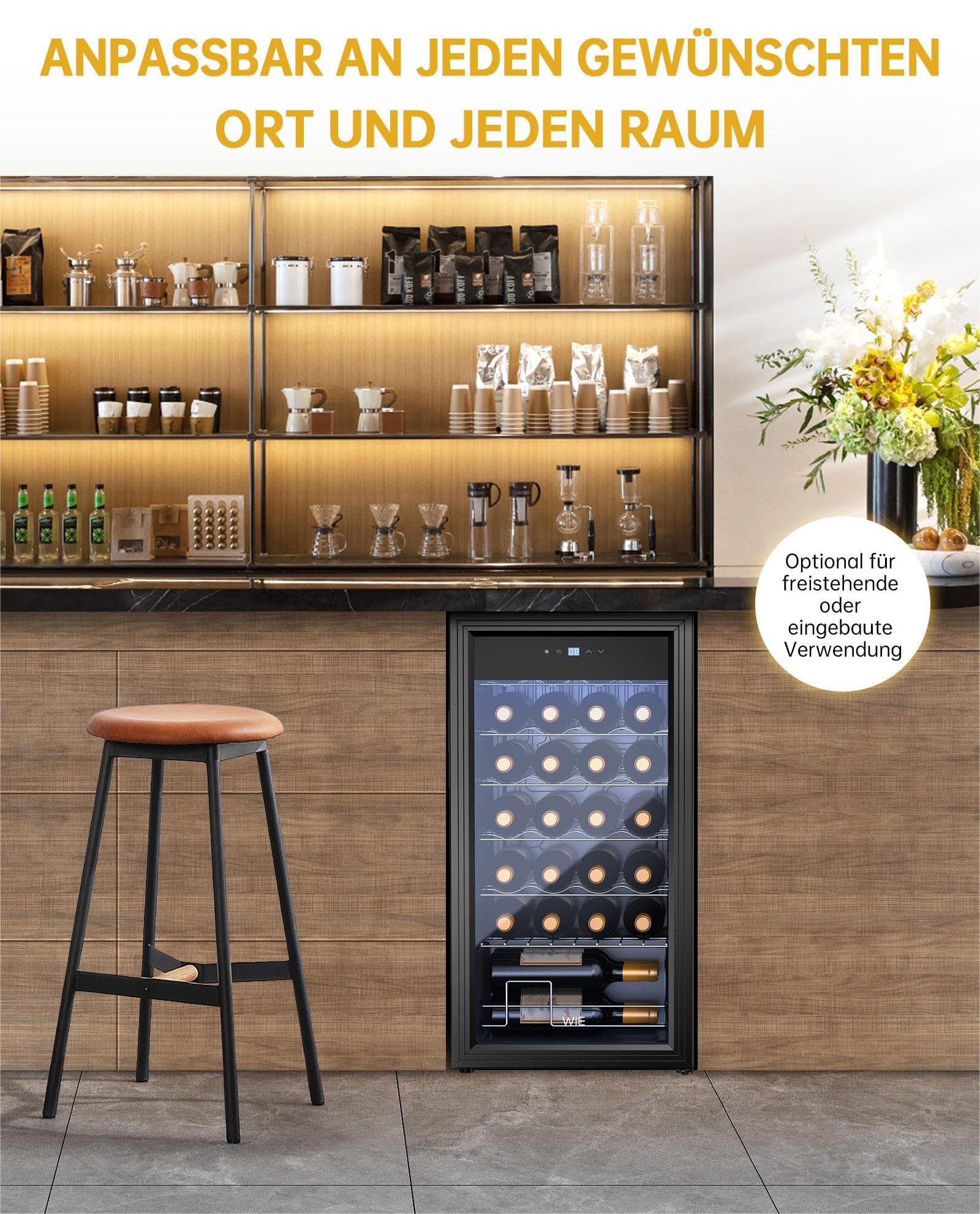 WIE Weinkühlschrank 82 Liter 28 Flaschen Compressor Glastür LED Touchpanel Anti-UV 5-18°C