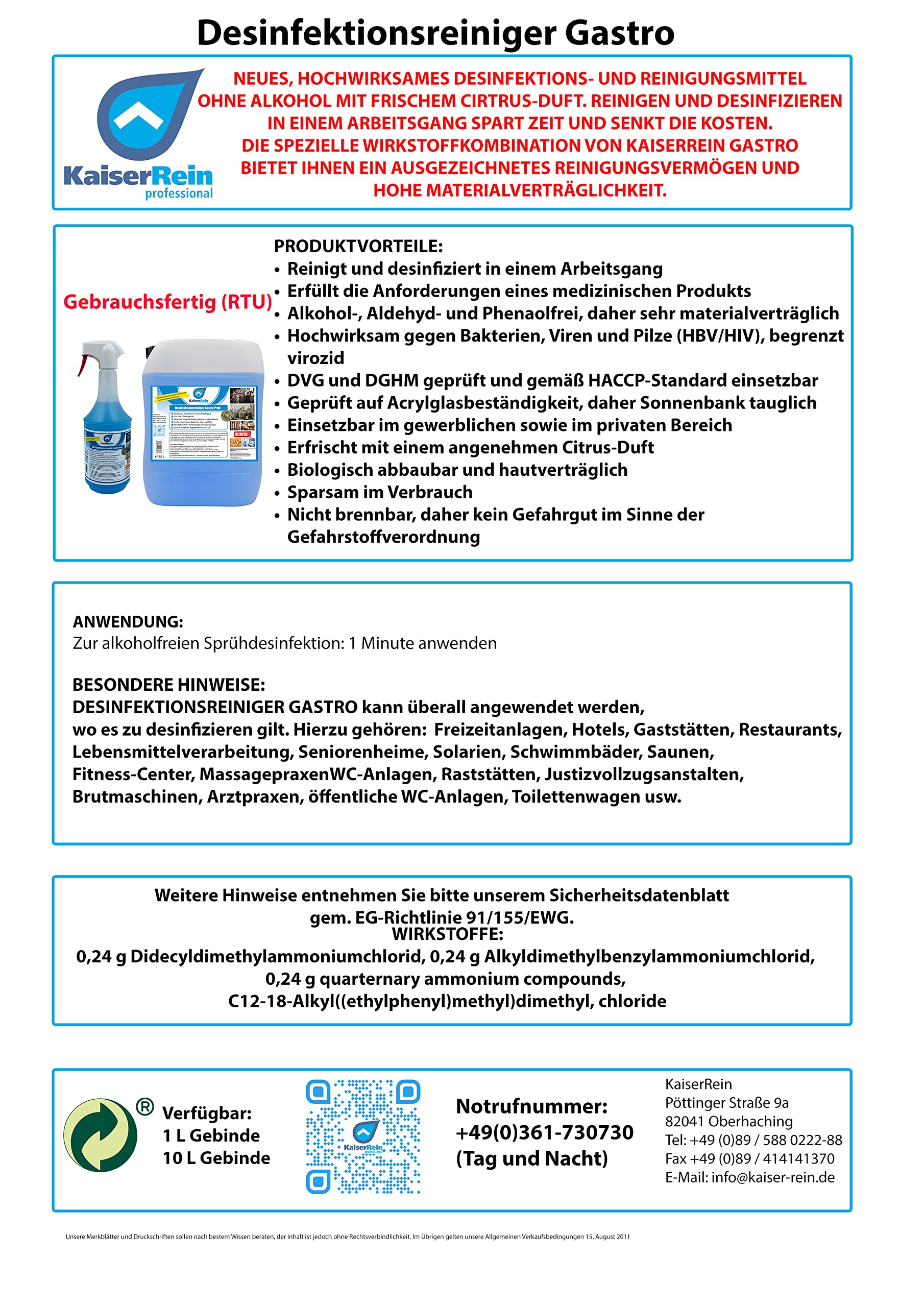 KaiserRein Profi Desinfektionsreiniger Gastro Küche 3x 1L - Hochwirksame Reinigung und Desinfektion speziell für den Lebensmittelbereich - Sprühbarer Küchenreiniger
