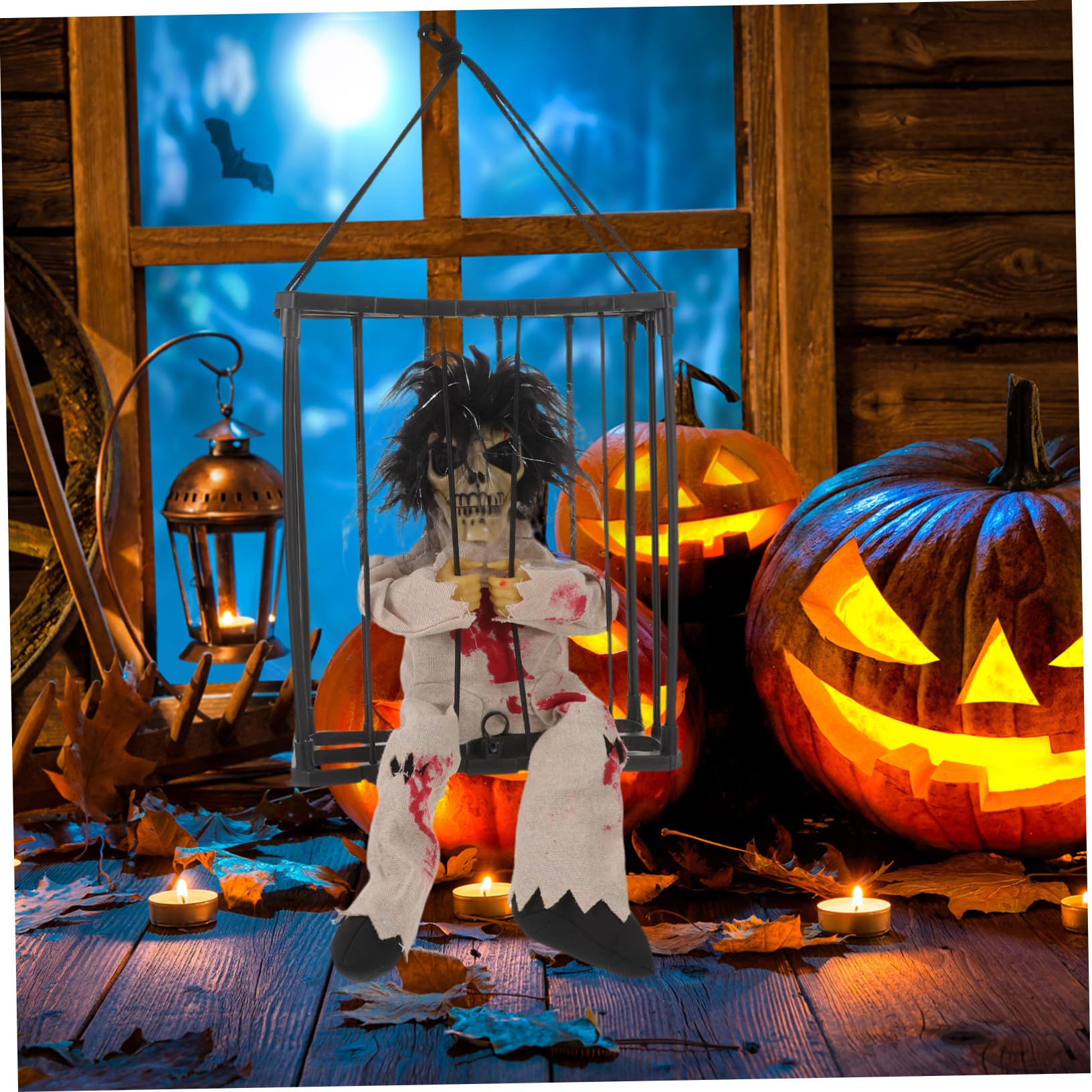 Decorazione Halloween Scheletro Animato con Sensore di Movimento Gabbia Fantasma Elettrica con Effetti Sonori Spaventosi e Stampa Leopardo Addobbo Horror da Appendere per Feste e