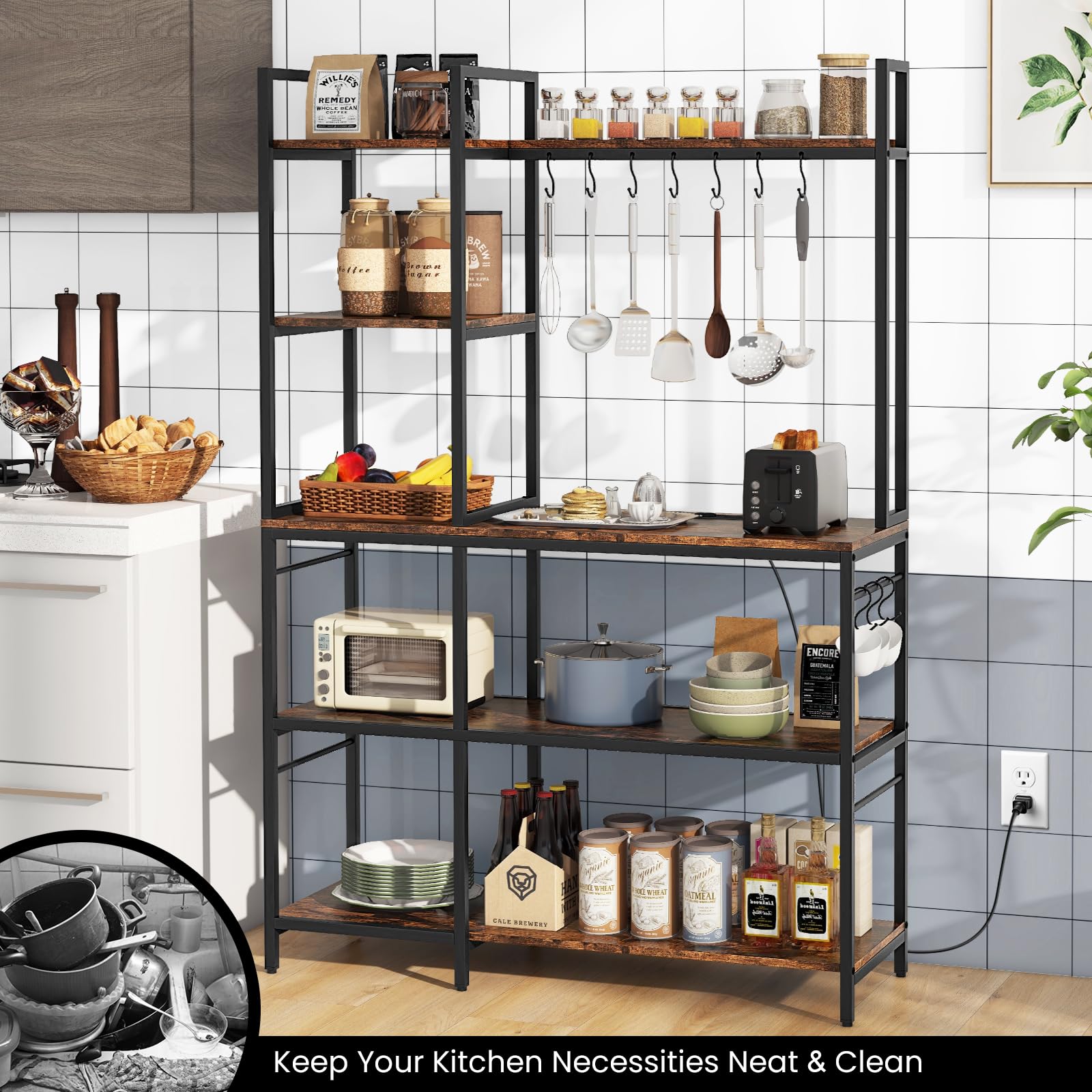 KOMFOTTEU Mensola Microonde a 5 Livelli in Metallo, Scaffale Cucina con Stazione di Ricarica, 10 Ganci, Supporto per Forno a Microonde, Scaffale Da Panetteria per Sala da pranzo, 107x37x160cm, Marrone