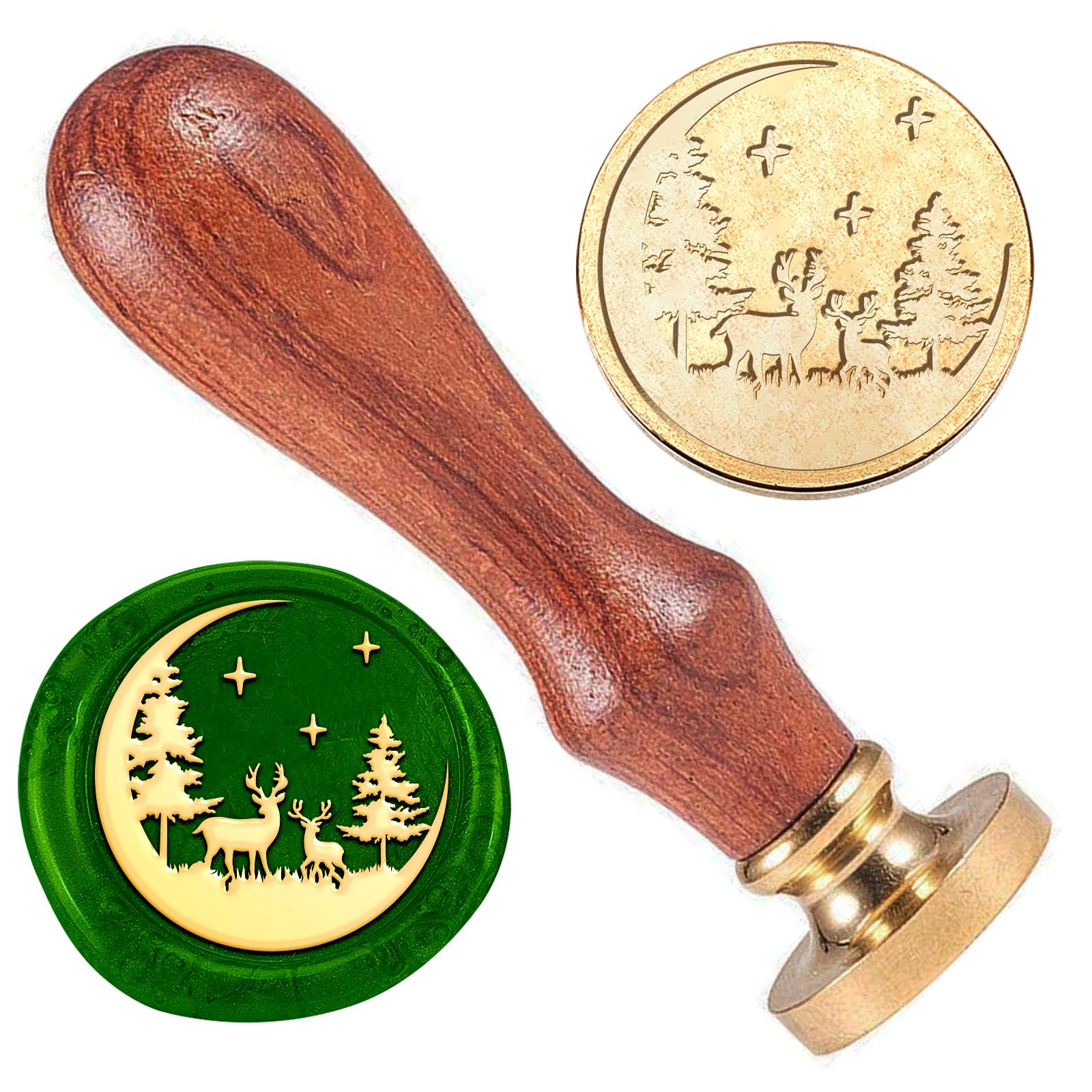 DELORIGIN Forest Deer Wax Sealing Stamp, 1" Deer Brass Head Wax Stamp with Star Retro Christmas Wax Seal Stamp with Wooden Head for Envelopes Invitations Wine Packages Greeting Cards Wedding