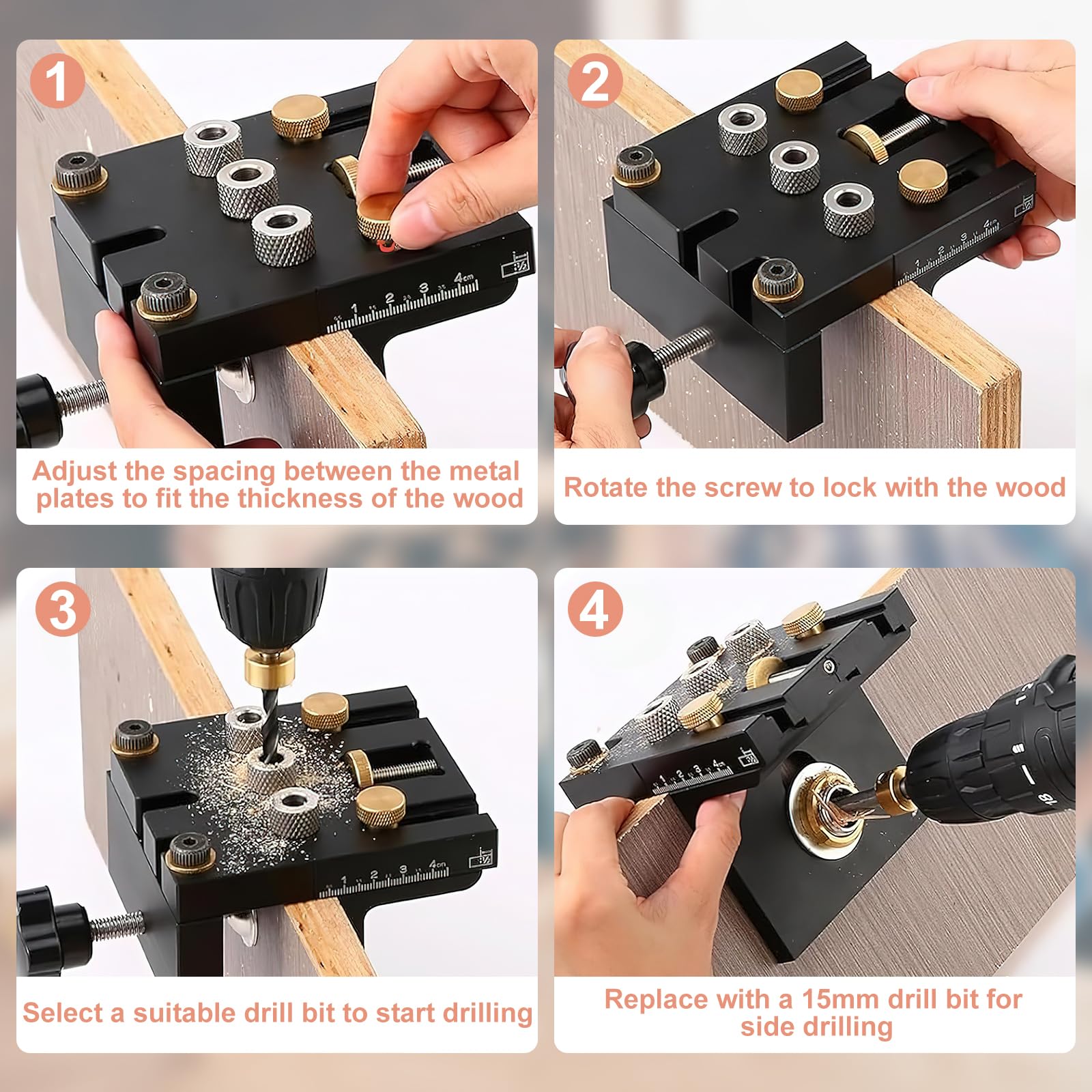 6/8/10/15 mm Bohrschablone Möbelbau, 3-in-1 Holzdübel Schablone Taschenloch Jig Kit für Holzbearbeitung Exakte Dübellöcher mit Positionierungsclip Einstellbare Bohrführung Stanzer-Locator