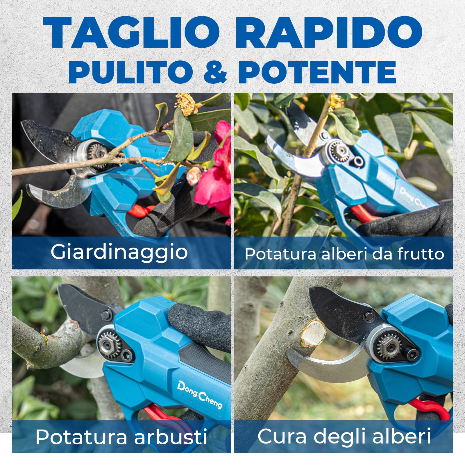 Dong Cheng Troncarami a batteria da 20 V, 4 livelli di taglio fino a 35 mm, motore professionale senza spazzole, 2 batterie da 2,0 Ah, caricatore da 2 A, lama SK5 – per alberi da frutto, giardinaggio