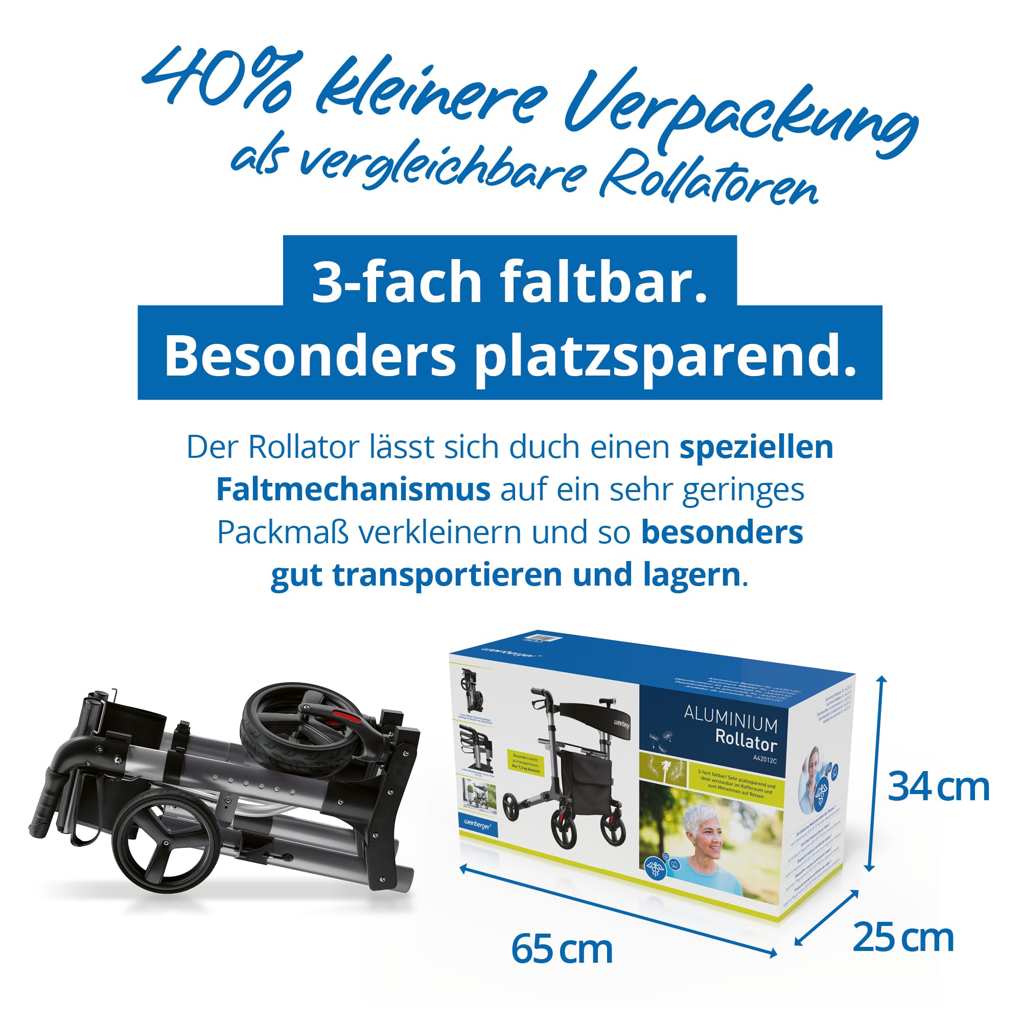 Weinberger Rollator faltbar und leicht mit Sitz | Tasche, Griff, klappbar mit 20cm Reifen für alle Gelände | Höhenverstellbarer Indoor & Outdoor Rollator für Senioren | Gehhilfe, Laufhilfe