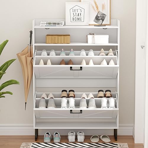 Miniatura 7 de Zapatero con 2 cajones abatibles, organizador de almacenamiento oculto independiente para entrada, zapatero estrecho y delgado con almacenamiento