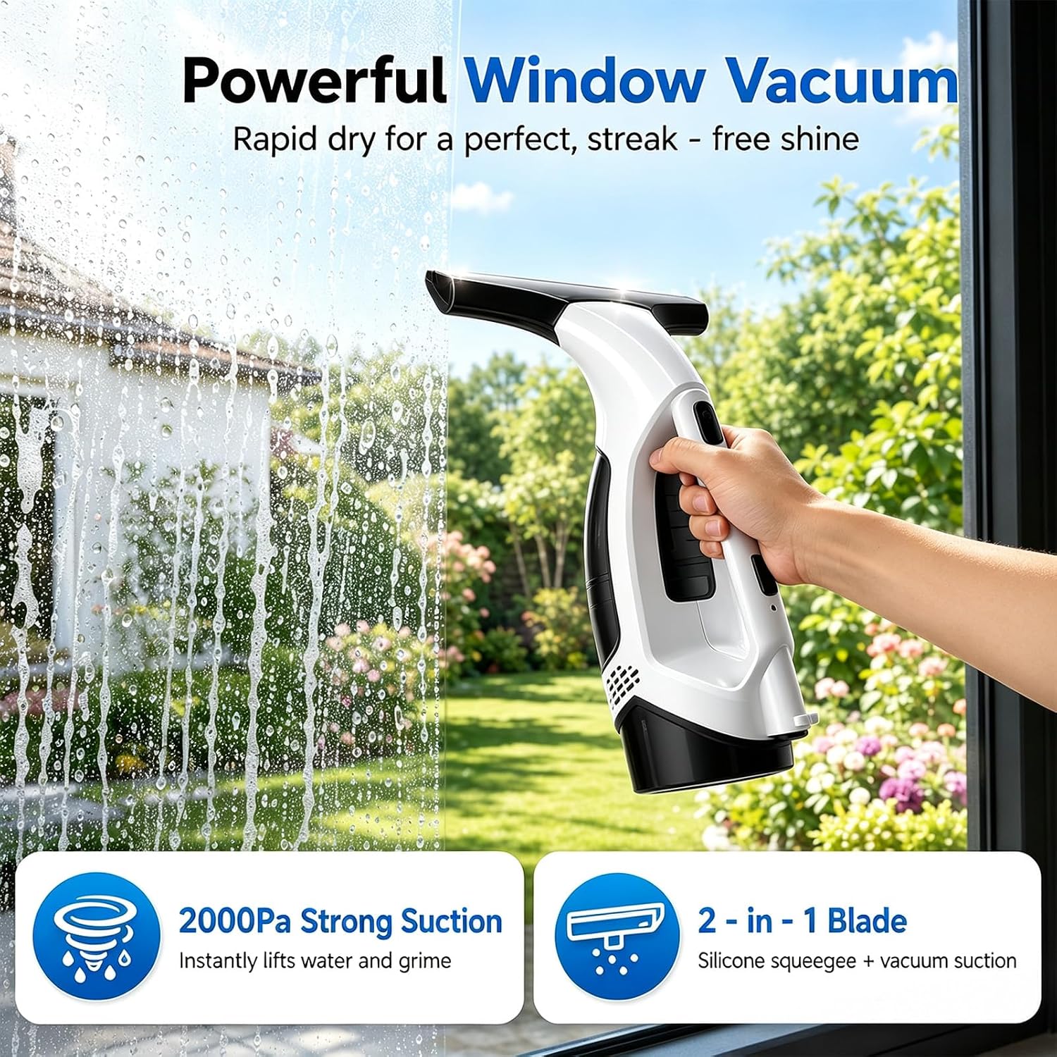 Window Vacuum Squeegee Cordless, 2000Pa Electric Window Cleaner Tool, 150ml Tank, 2200mAh Electric Window Glass Squeegee 280mm Wide Blade, 150ml Tank, Window Cleaning Kit for Glass Mirror Tile Car