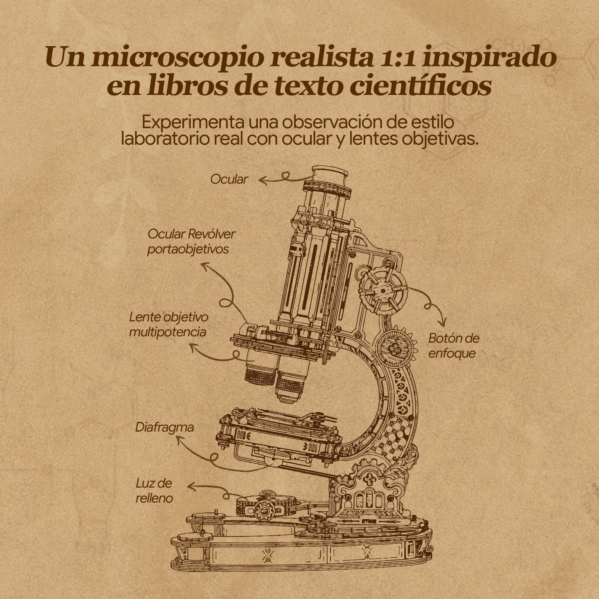 ROKR 400x Microscopio Funcional 3D Puzzle de Madera para Adultos,ST005 | Juguete Científico STEM, Regalo para Adultos y Adolescentes