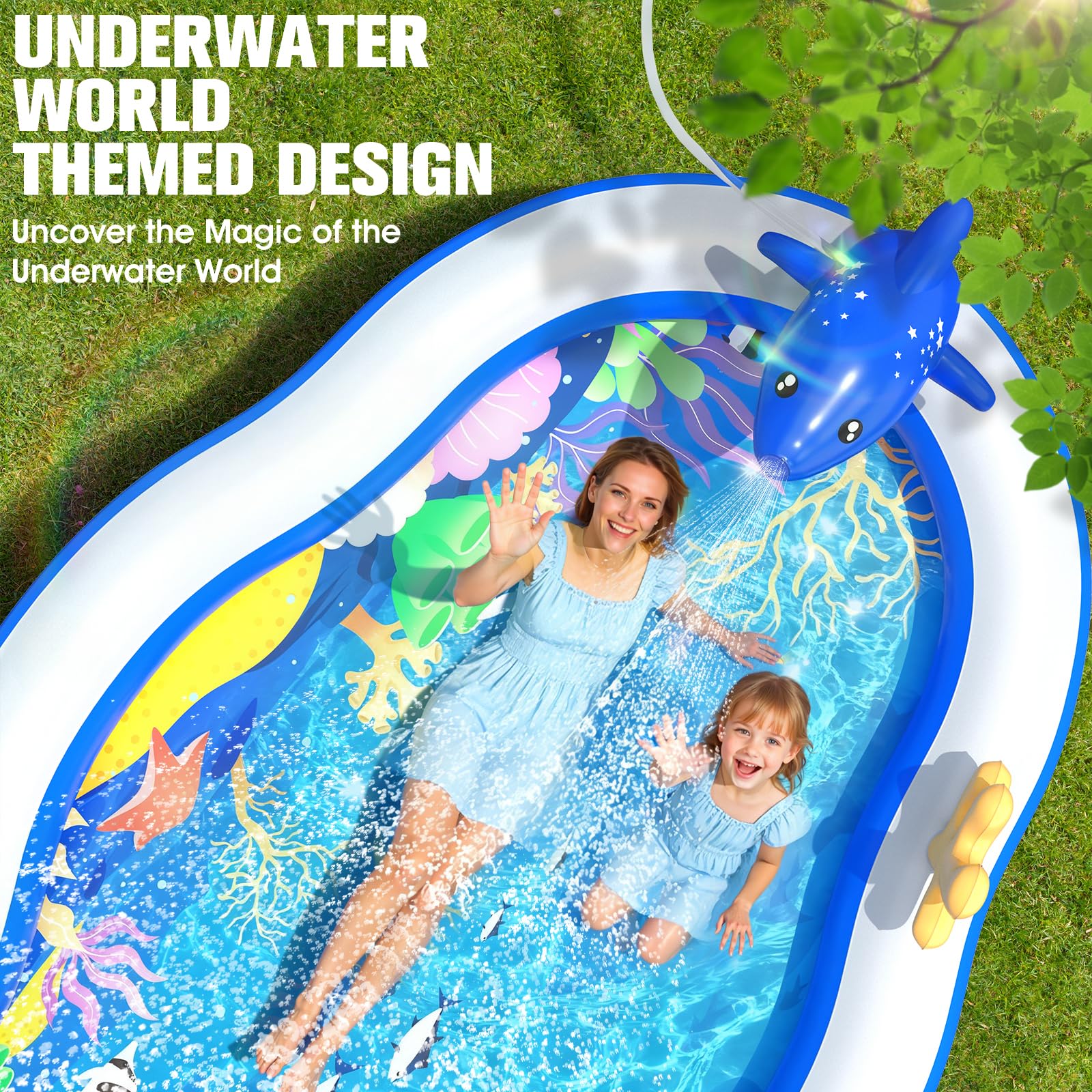 KingSom Aire de Jeu Aquatique Gonflable, Piscine Gonflable Enfant avec Toboggan, Arroseur, Pataugeoire Gonflable Épaiss Jet d'eau, Jeux Exterieur Piscine Gonflable Familiale pour Jardin,305x178x127 cm