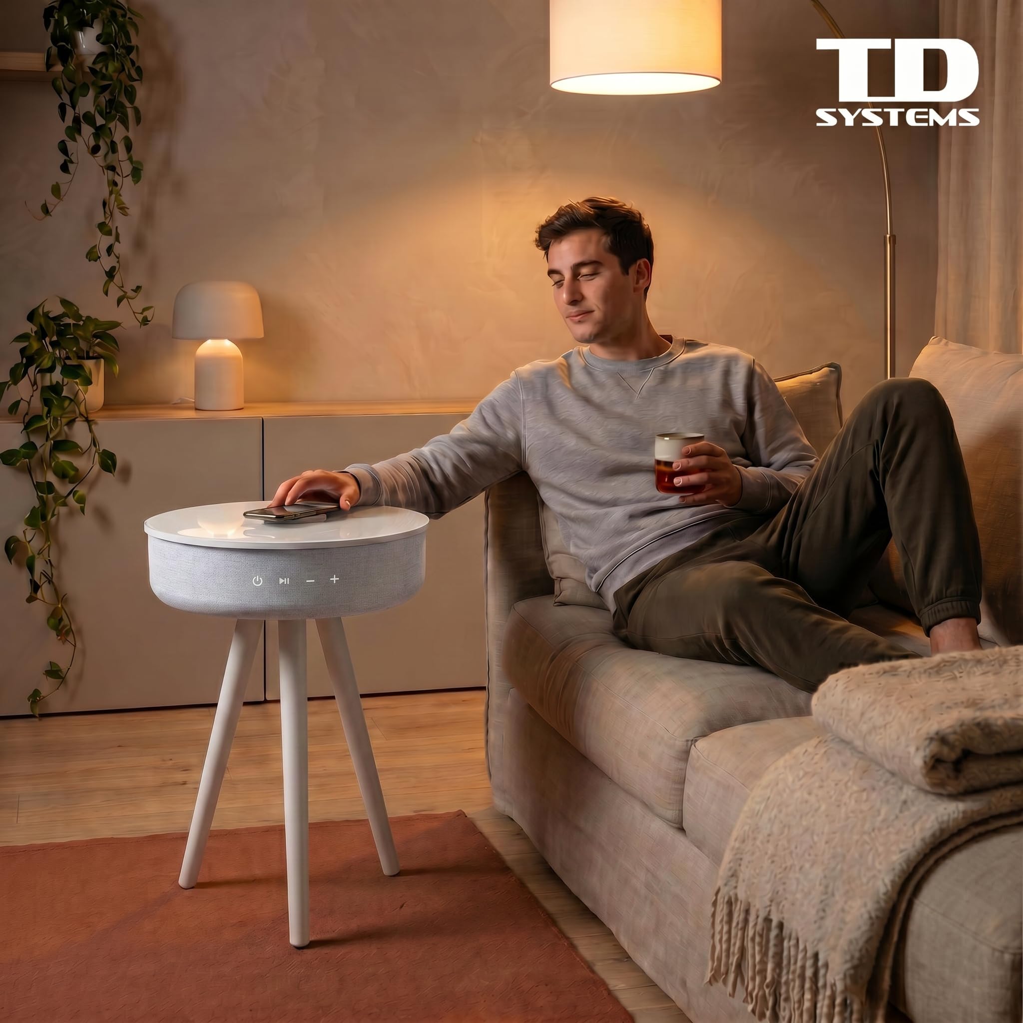 TD Systems - Mesilla Altavoz Bluetooth 30W con Carga Inalámbrica y USB, Mesa Auxiliar con Altavoz Integrado, Batería Recargable, Madera y Lacado Blanco para Salón y Dormitorio | SM30B11WB
