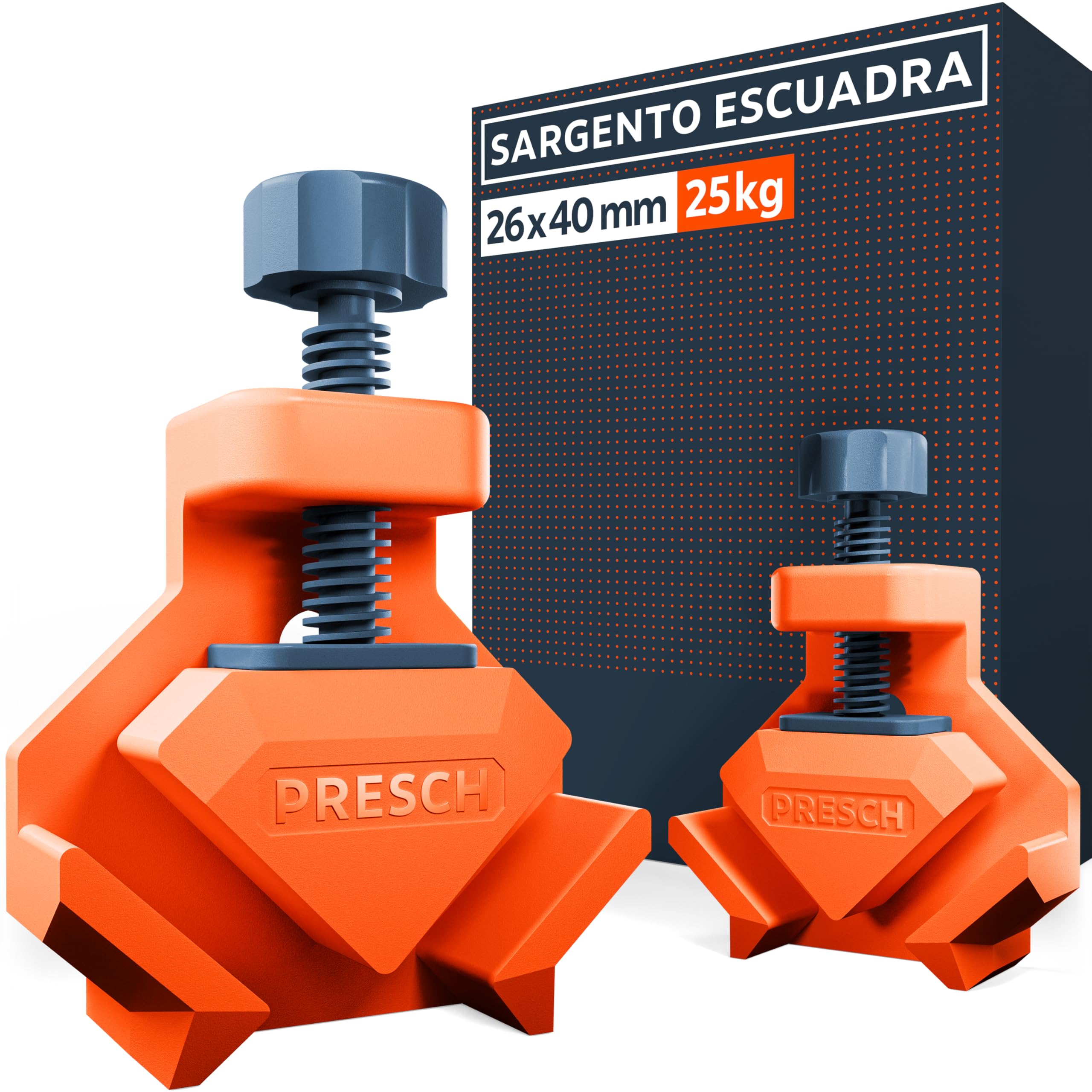 Presch Sargento escuadra 2 uds - Sargentos angulo para grosores de tablero de hasta 26 mm - 25 kg de fuerza de sujeción para ángulos exactos de 90° - Robustas de plástico reforzado con fibra de vidrio