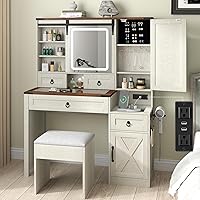 GlouModFurniture 42" Farmhouse Makeup Vanity Desk with Sliding Mirror Lights, Glass Top, Charging Station, 4 Drawers, Stool - White Bedroom Set