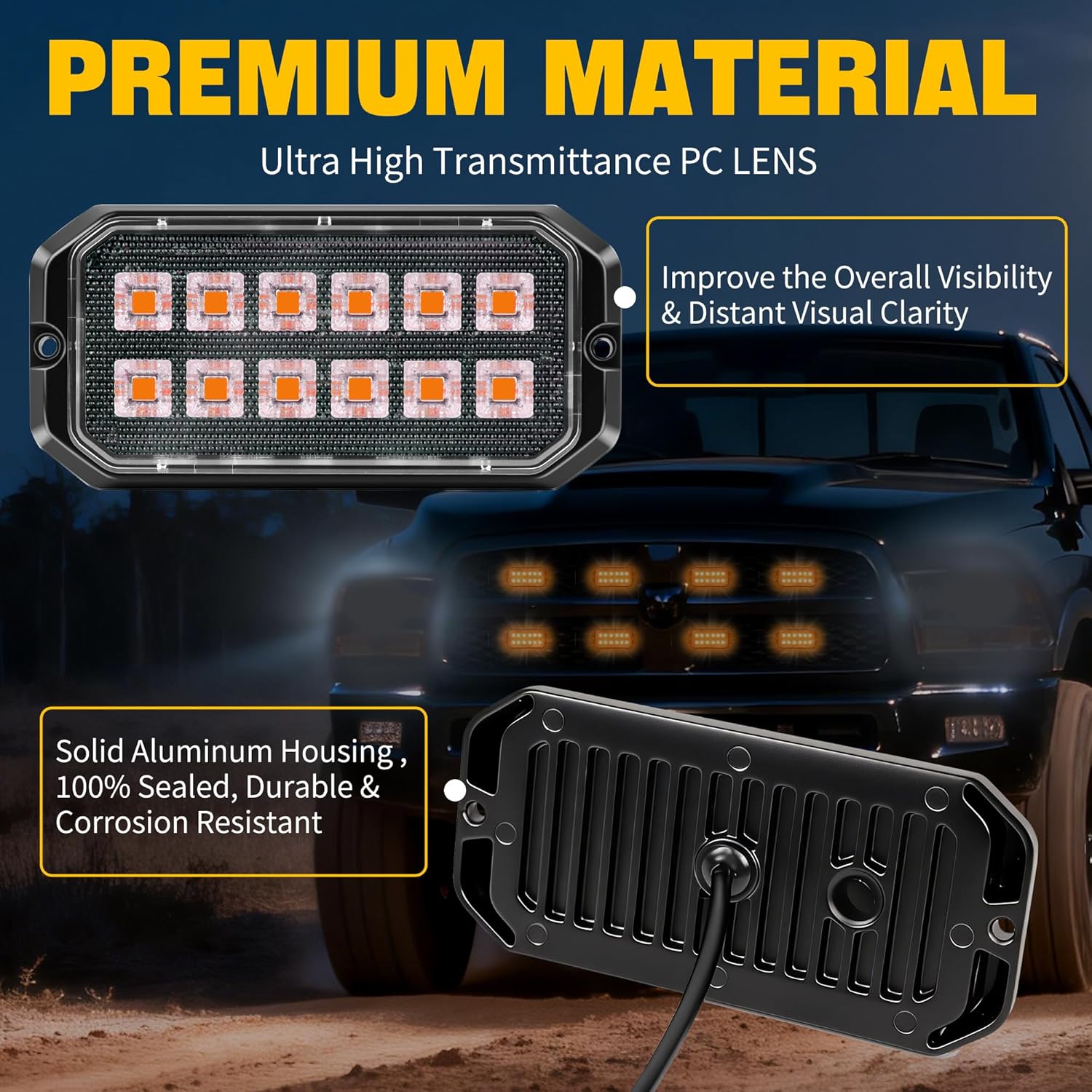 2026 Upgraded Amber LED Strobe Lights,12-LED Sync Amber Grill Lights, Super Bright Surface Mount Flashing Hazard Warning Lights for 12V/24V Vehicles (2 Pack)