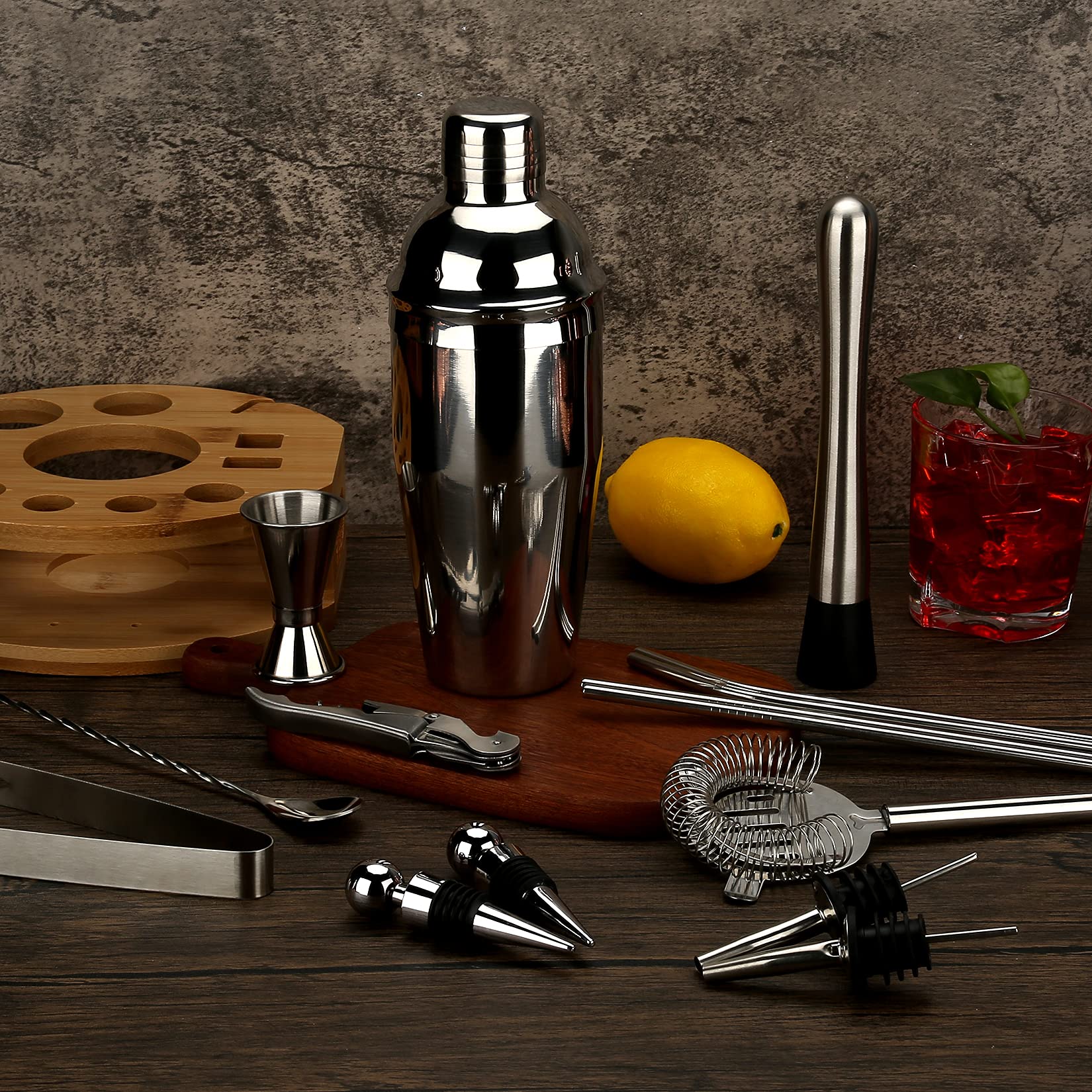 exreizst 25 oz Cocktail Shaker Set 16 Pz Mixology Bartender Kit con Bamboo Stand - Professional Bartending Kit - Home Bar Tool Set for Drinking