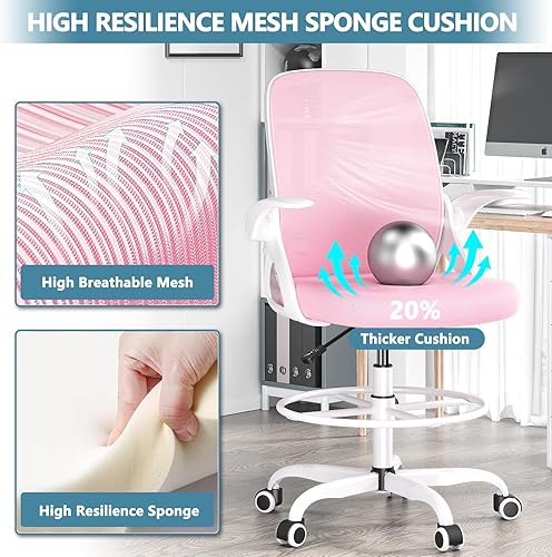 Miniatura 56 de Silla de dibujo alta con anillo reposapiés para el hogar y el trabajo, silla ergonómica de oficina para el hogar con brazos abatibles y soporte