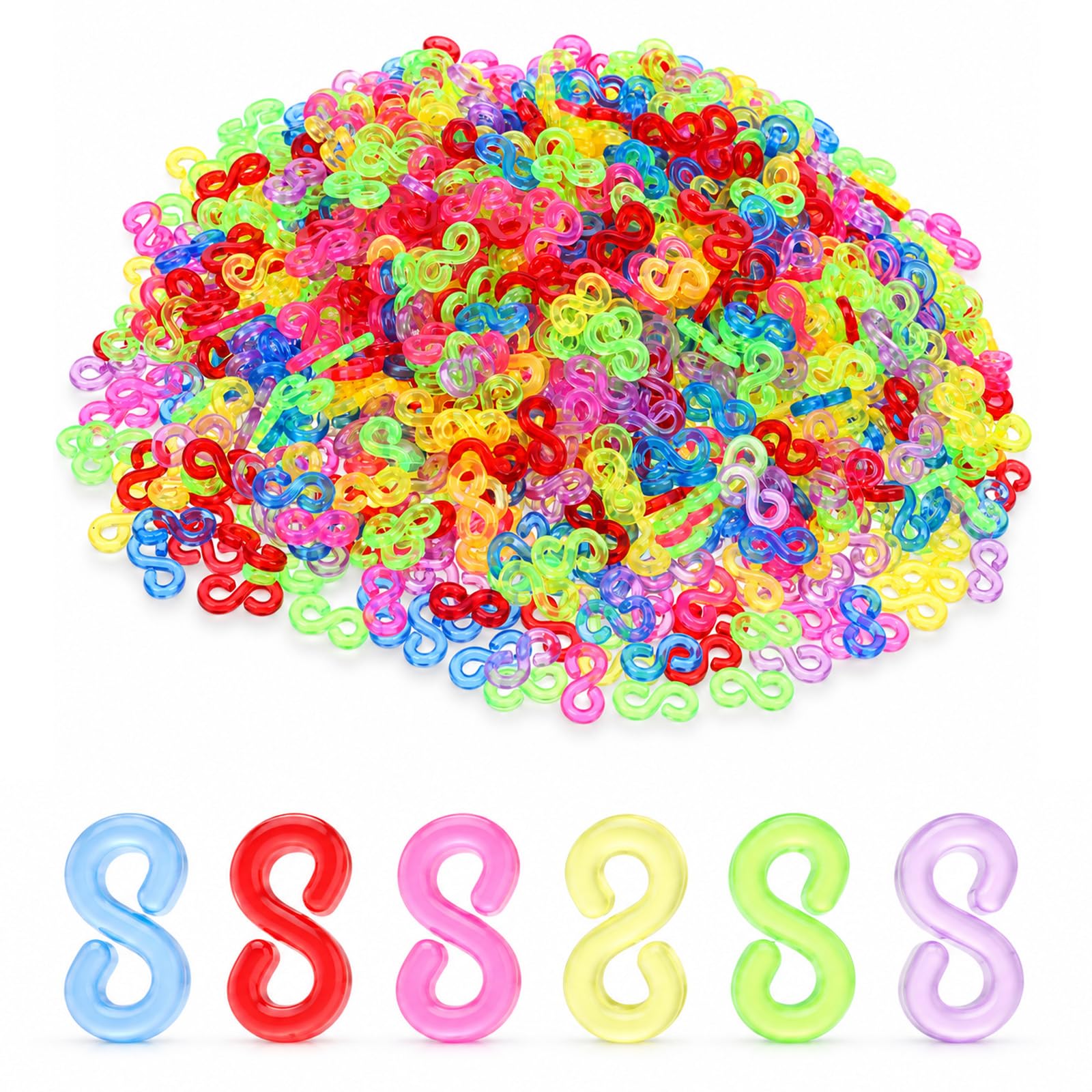 1000 Pcs S Clips for Rubber Band Bracelets Connectors Colorful Transparent
