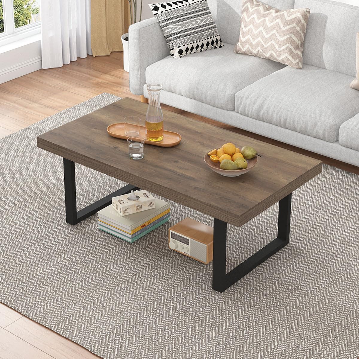 ibf farmhouse coffee table, modern simple wood coffee table for living room, industrial minimalist rectangle center table, wood and metal tea coffee table for home office bedroom, rustic oak, 39 inch