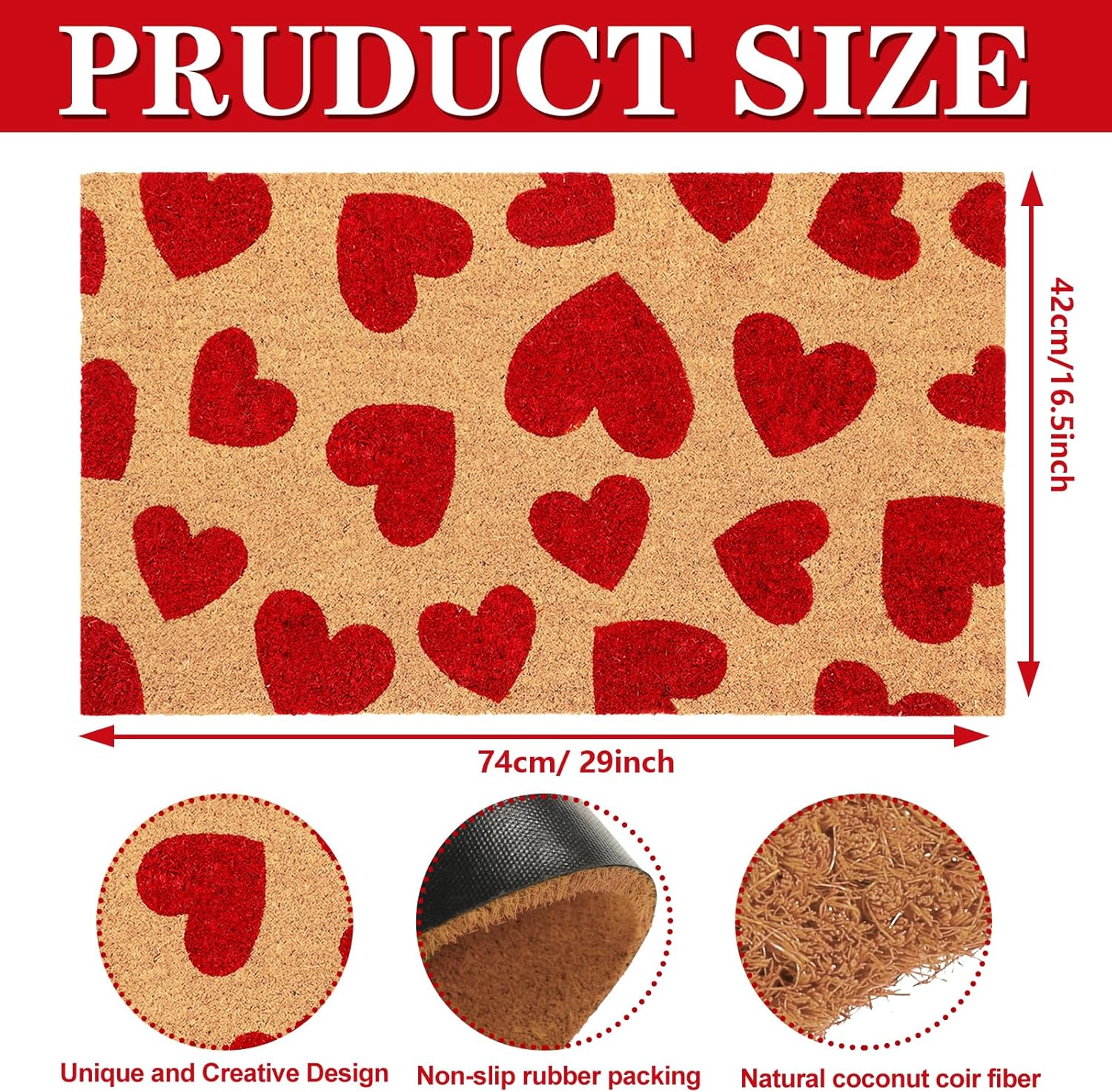 Valentine's Day Natural Coir Doormat Red Love Heart Welcome Floor Mat Non-Slip Entrance Door Rugs for Indoor Outdoor Home Bathroom Decor, 16.5 x 29 Inch