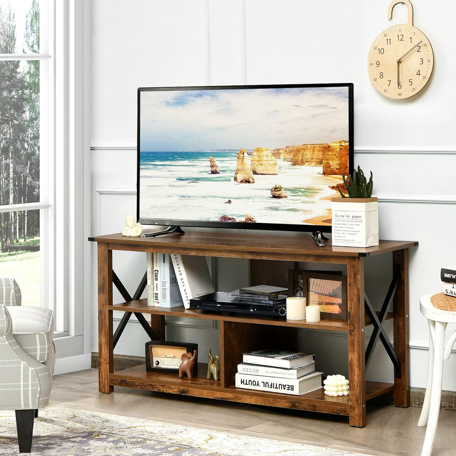 DORTALA 3-Tier TV Stand for TVs up to 55", Farmhouse Entertainment Center w/Open Shelves, Sturdy X Style Frame, TV Console Table for Living Room, Bedroom, Brown