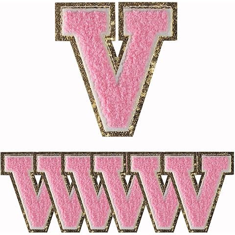 6 PCS Iron on Letter Patches, Gold Glitters Patches & Pink Chenill, Decorative Repair Embroidered Patches Personalized Sew On Patches for Clothing Repairing Hats Shirts Shoes Jeans Bags Letter V