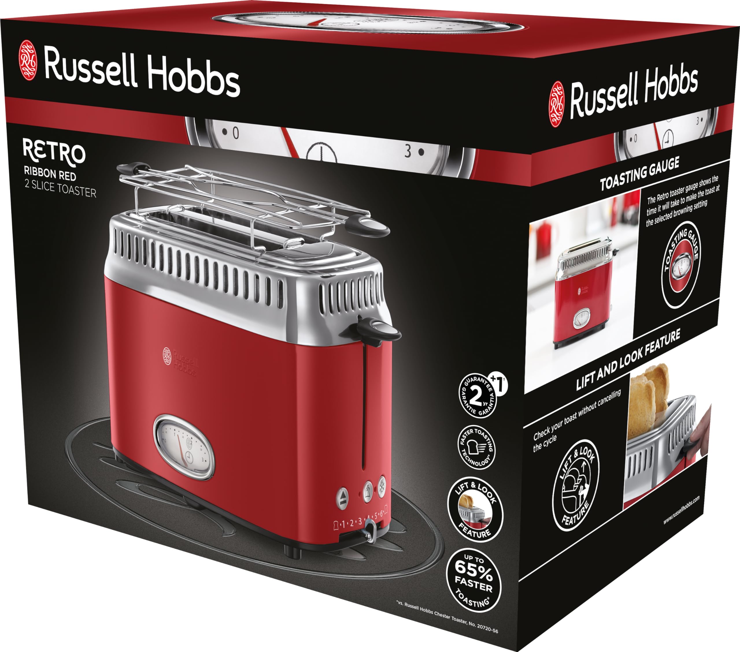 Russell Hobbs Grille Pain (Design Vintage Premium) Retro rouge (2 Tranches, 6 niveaux de brunnissage rapide, Fonction annulation, décongélation et réchauffage Viennoiserie, 1300W) Toaster 21680-56