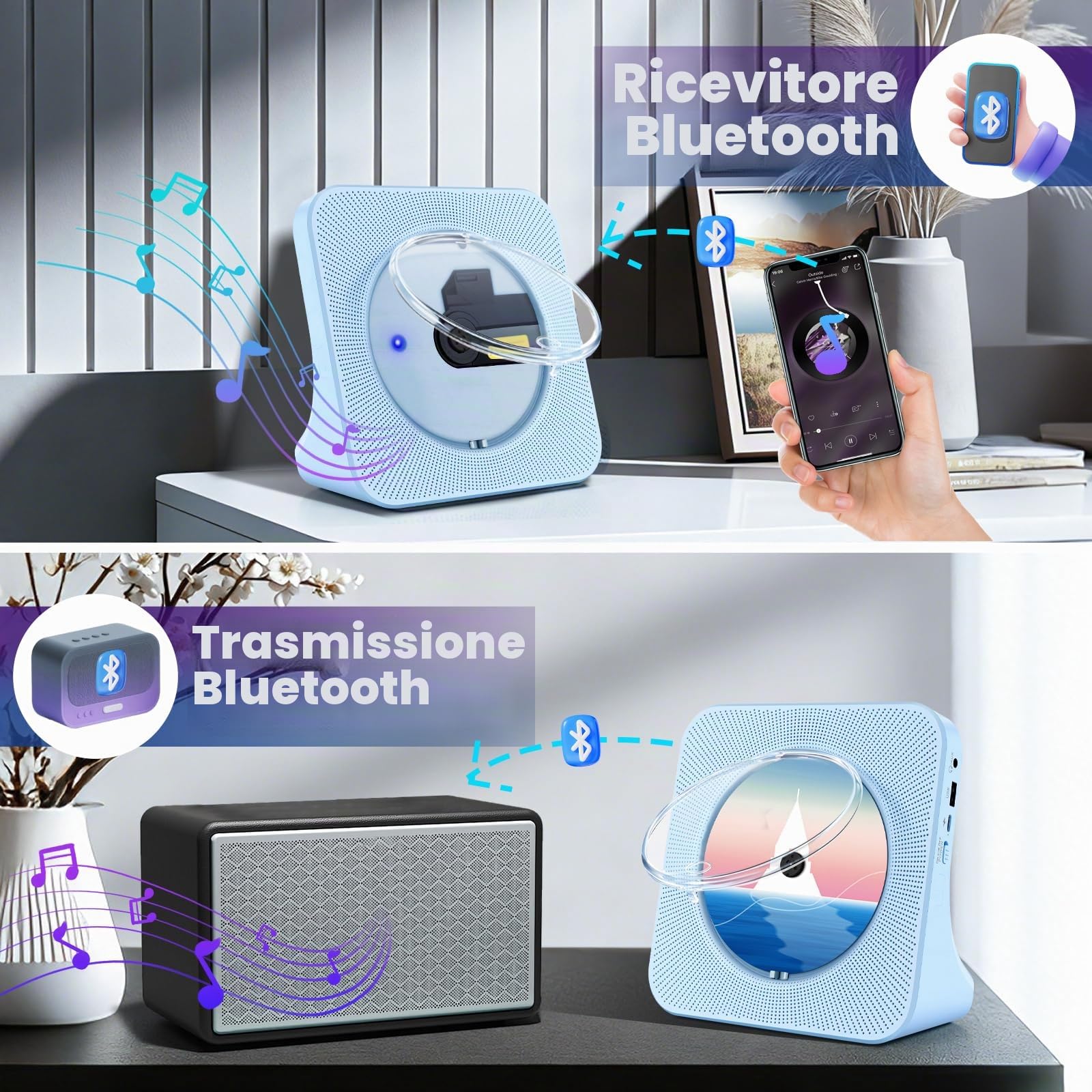Lettore CD Portatile Casa, CD Player Bluetooth Casse Integrate con Timer