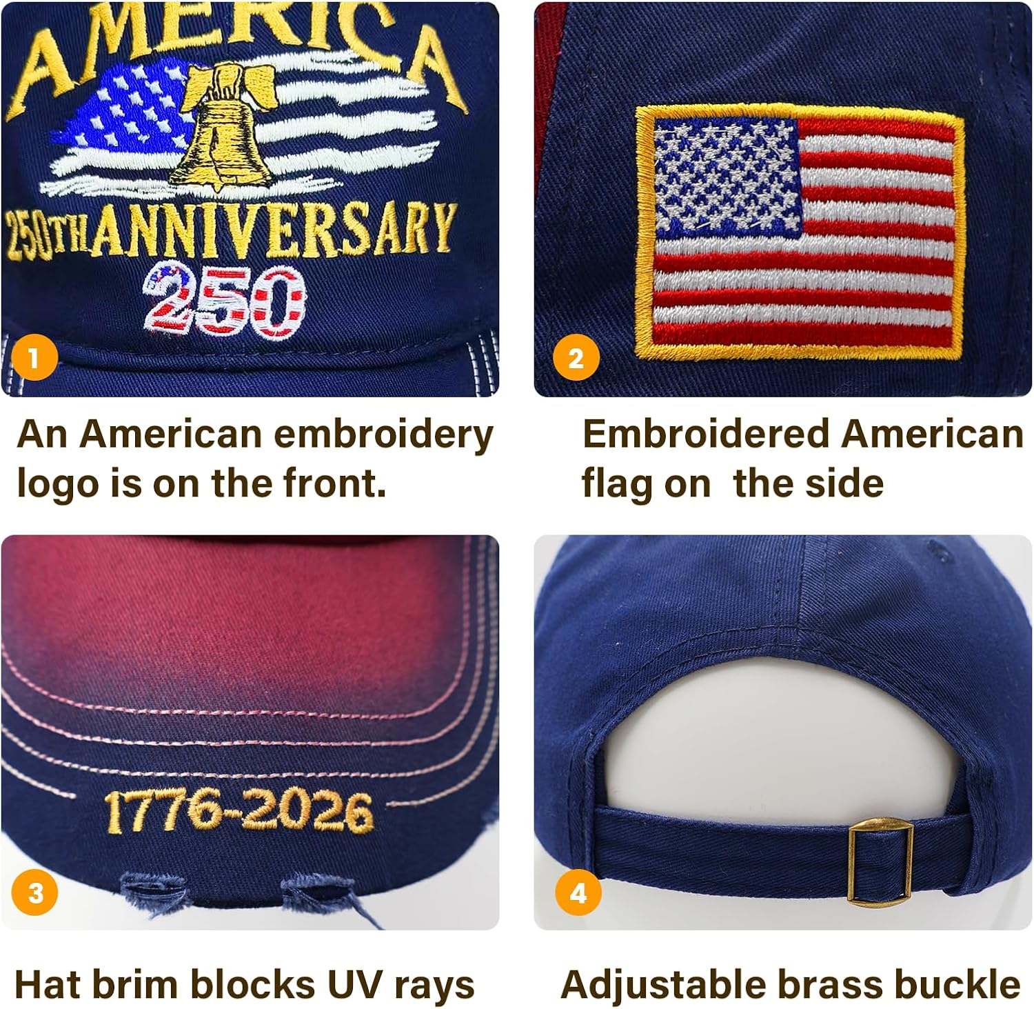 U.S.A 250th Anniversary Embroidered Baseball Cap Adjustable 1776-2026 Anniversary Birthday Retro Patriots Hat for Men Women - Image 4