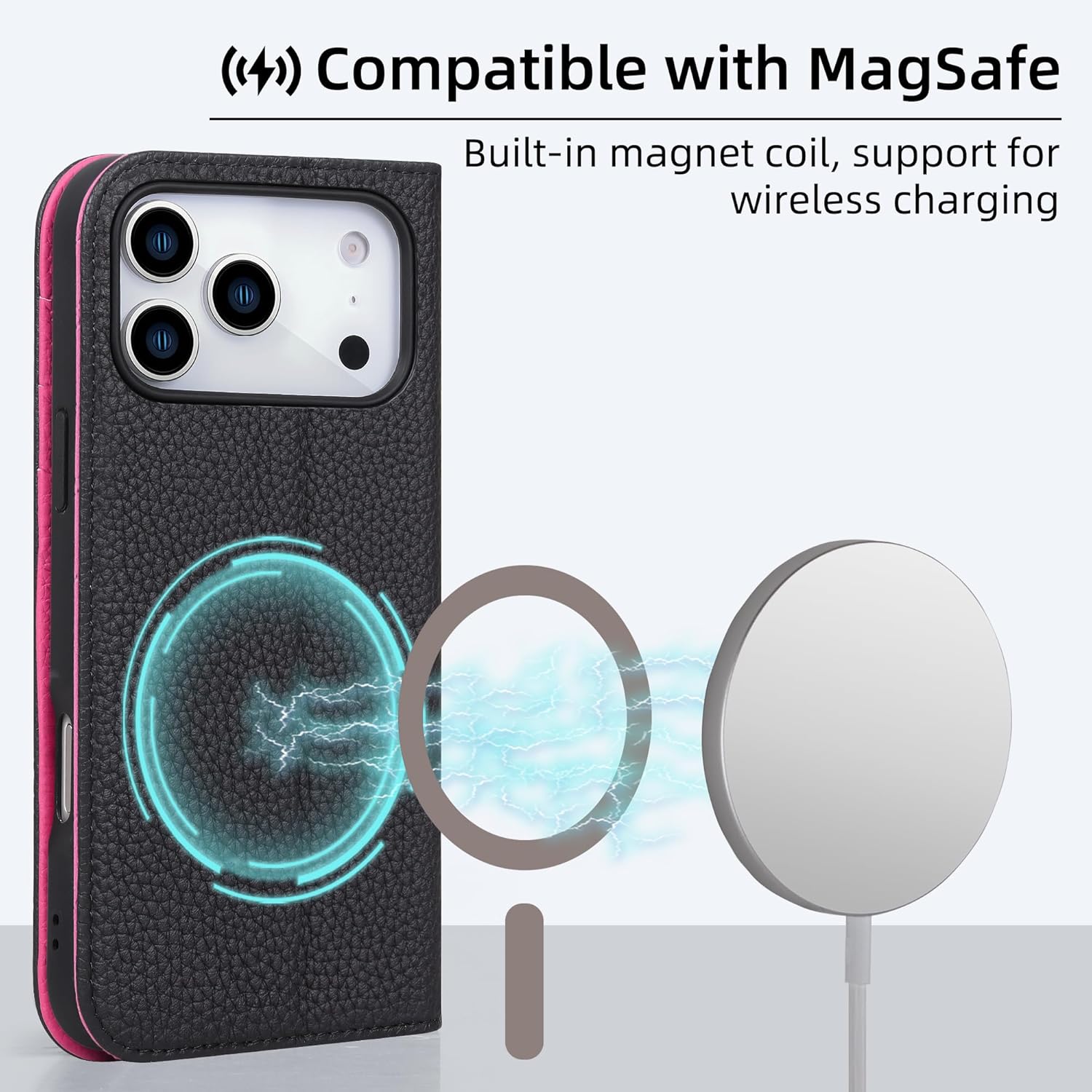 VISOUL Pebbled Leather Wallet Case for iPhone 17 Pro 6.3” 2025, Genuine Leather Flip Folio Cover, RFID Blocking Card Holders, Kickstand, Soft TPU Shell, Protective Flip Cover -Black+Peach Red