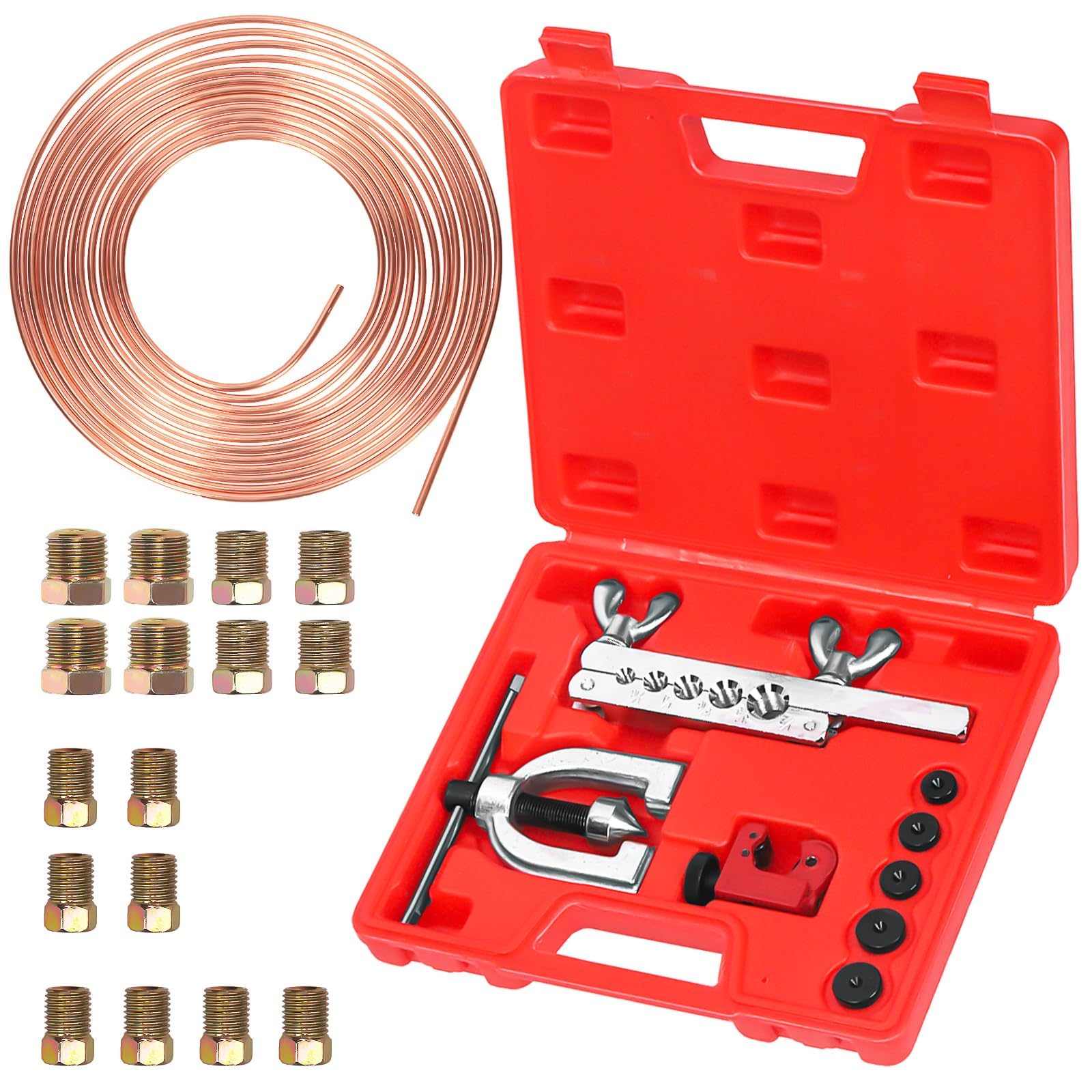 Swpeet 30Pcs in Set Copper Coated Brake Line Kit, Brake Line with Flaring Tool Kit, Includes 16 Fittings and 4 Unions, Flaring Tool Set for Single and Double Flares with 5 Adapters and Tube Cutter