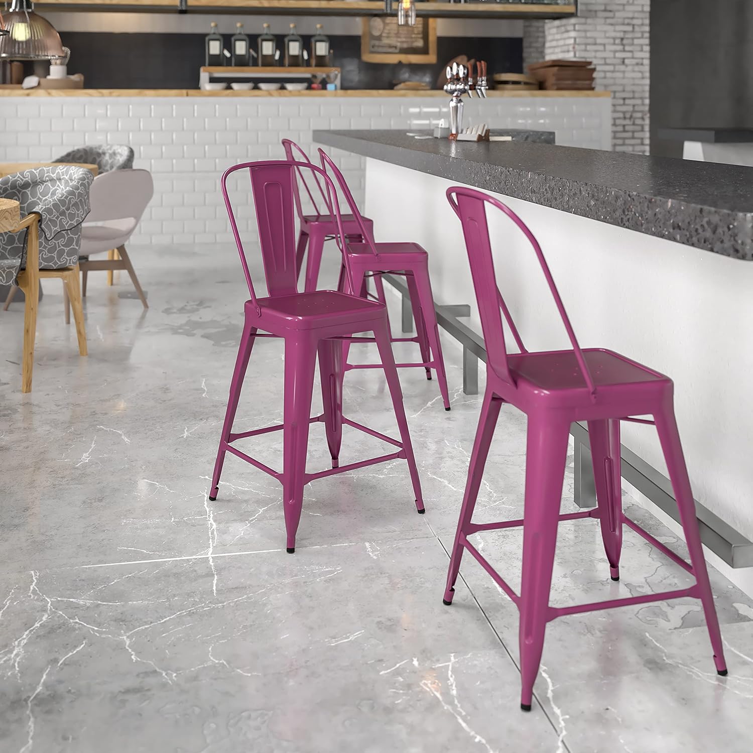 EMMA + OLIVER Commercial Grade 24 H Purple Metal Indoor-Outdoor Counter Height Stool with Back