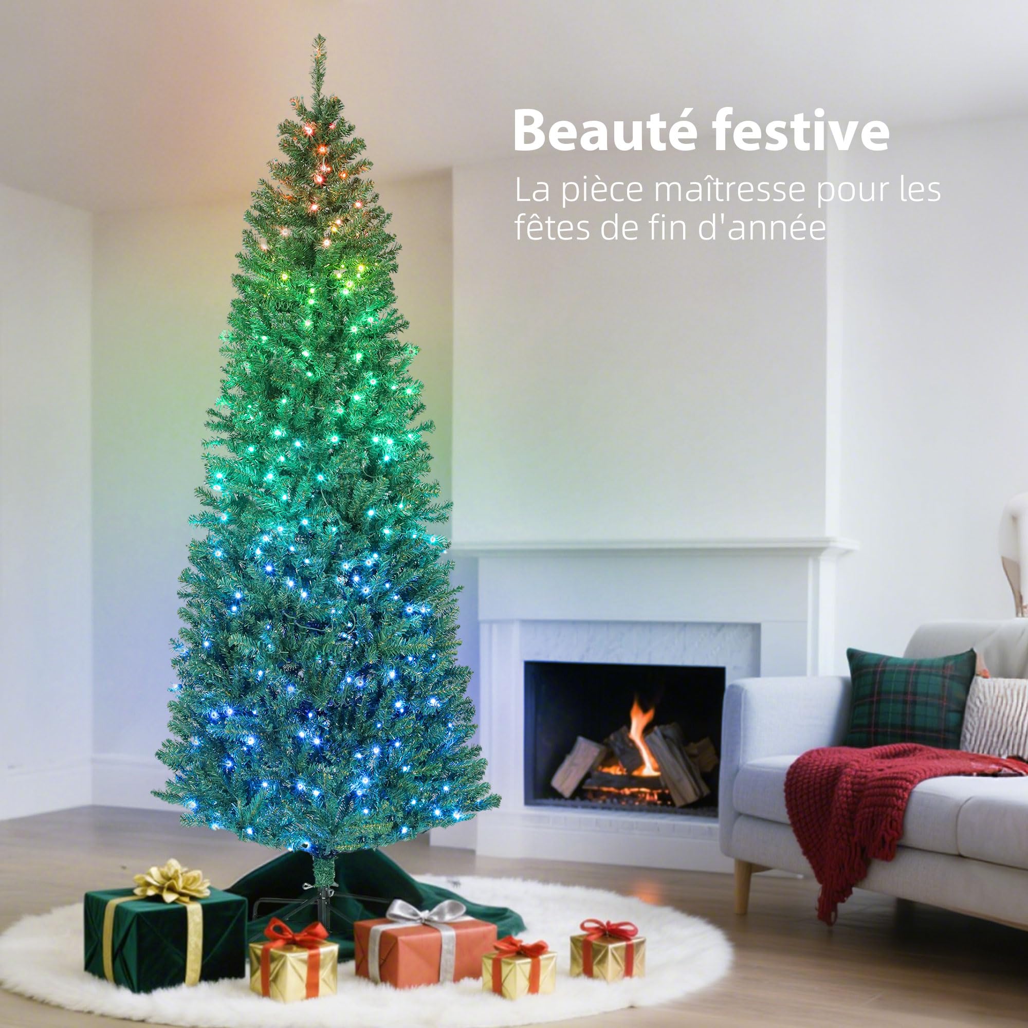 HOMCOM Sapin de Noël Artificiel 180 cm LED Synchronisées Colorées Vert