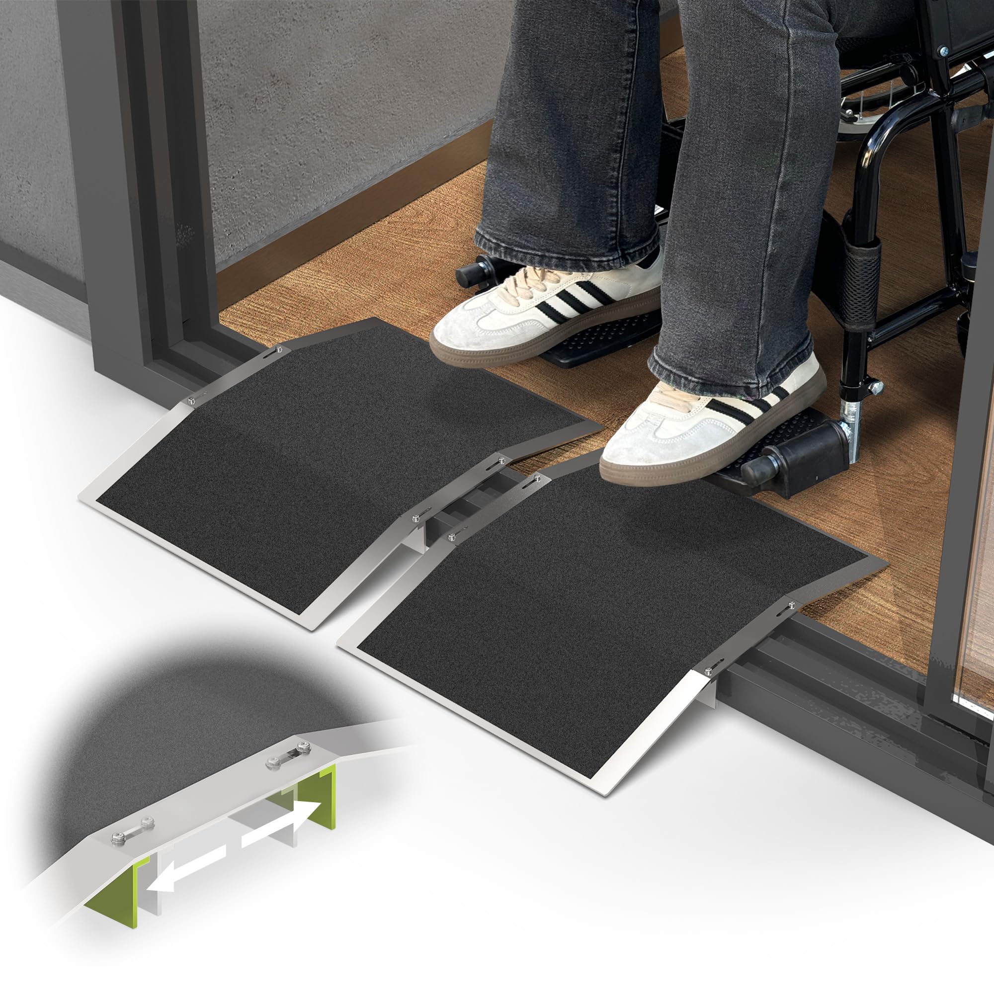 2 rampas de umbral de puente de aluminio de 30 cm de largo x 4 cm de alto para puertas, se adapta a umbrales de 7 a 13 cm de ancho con barras ajustables, rampas antideslizantes para silla de