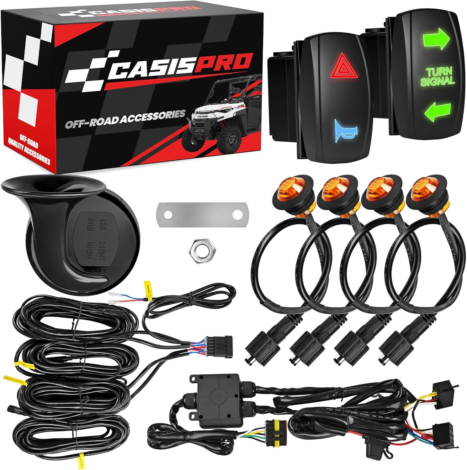 UTV Turn Signal Kit with Horn, Pre-Wired, Plug and Play ATV UTV Blinker Kit with Rocker Switch, Hazard Light, Universal 12V Street Legal Kit for Polaris, Can-Am, Kawasaki, CFMOTO