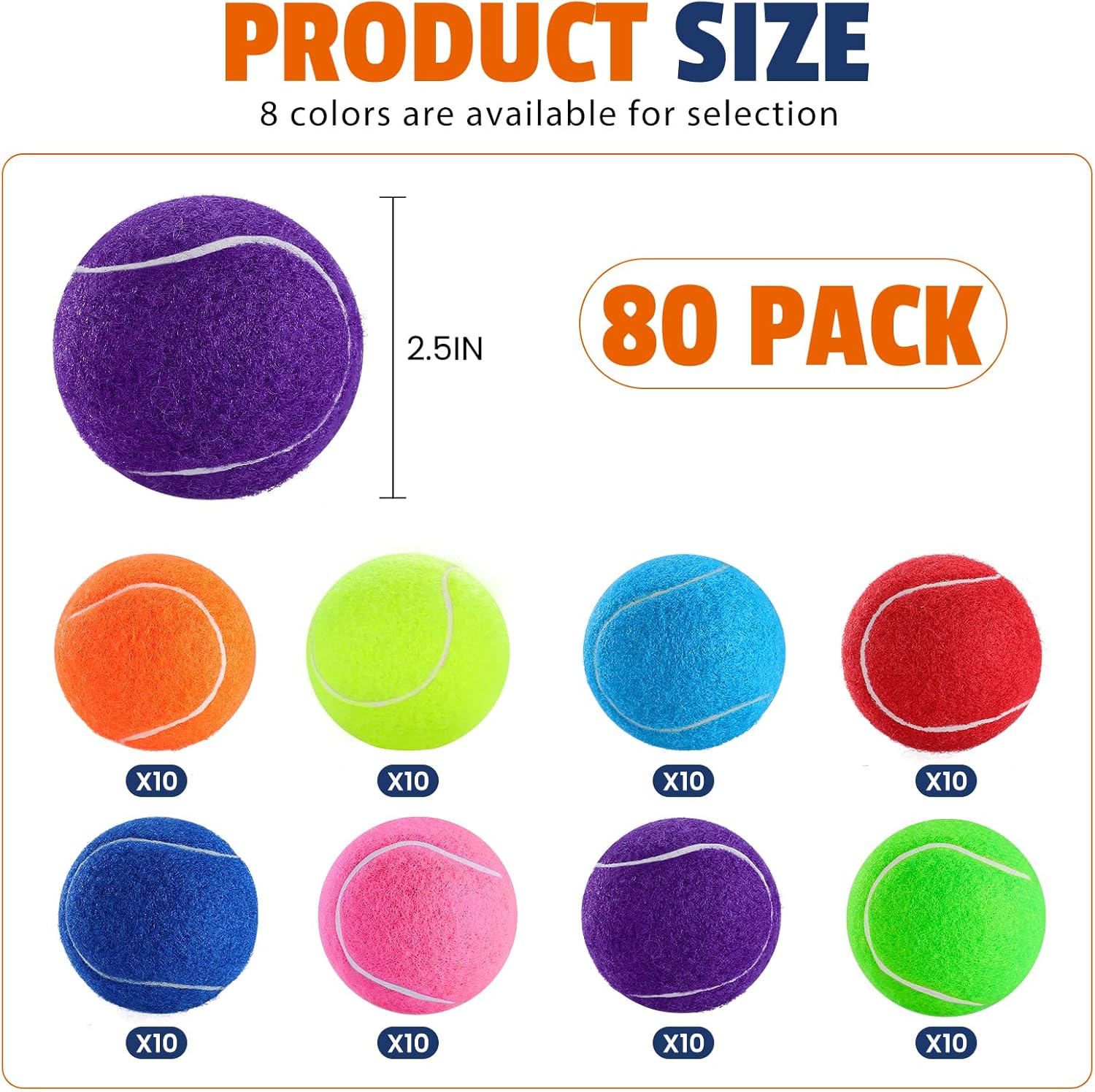 FURWEY Tennis Balls for Dogs 80 Pack,2.5 inches,Durable and Non-Toxic Dog Toys Balls with Mesh Bag,Colorful Fetch Toys Balls for pet Dog (Non Squeaky)