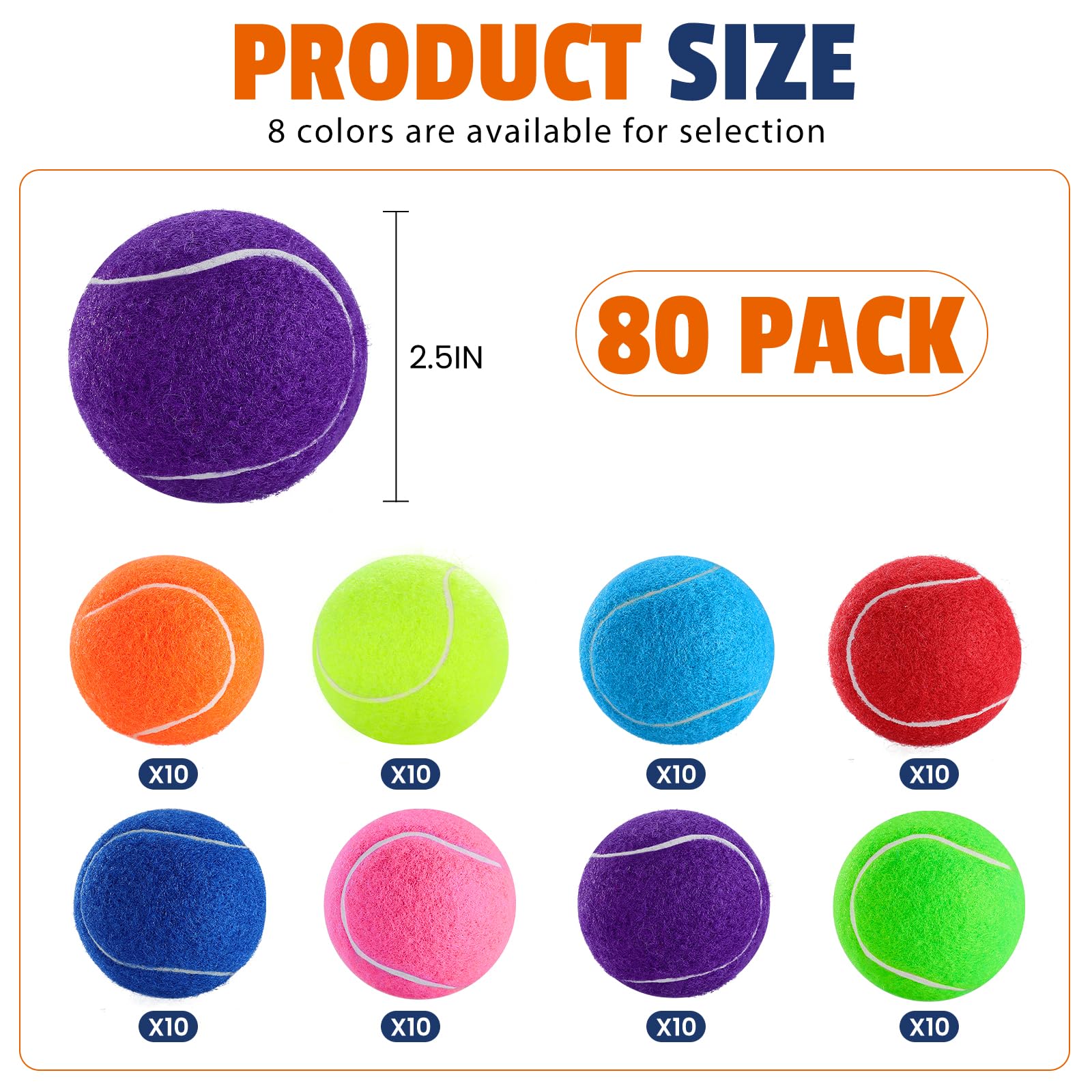 FURWEY Lot de 80 balles de tennis pour chiens, 6,3 cm, durables et non toxiques avec sac en maille, balles colorées pour animaux de compagnie (non couineur)