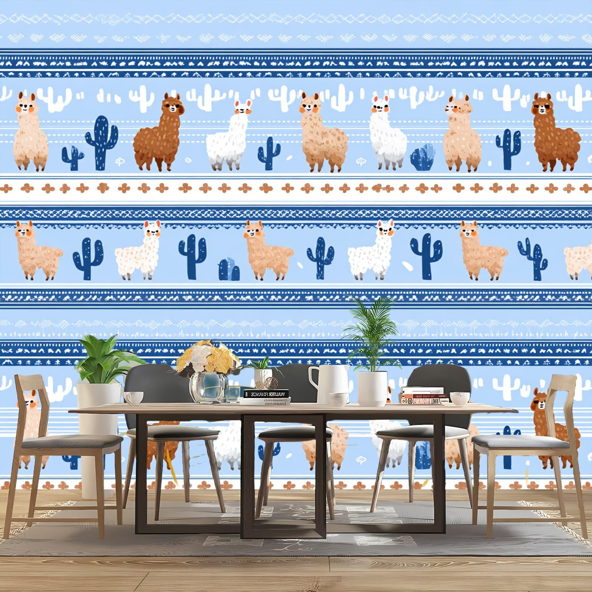 Panoramiczna tapeta kreskówka alpaka kaktus - fototapety - duże niebieskie malowidła ścienne plakat do salonu, pokoju dziecięcego dla dorosłych, dekoracja gabinetu 350 x 256 cm