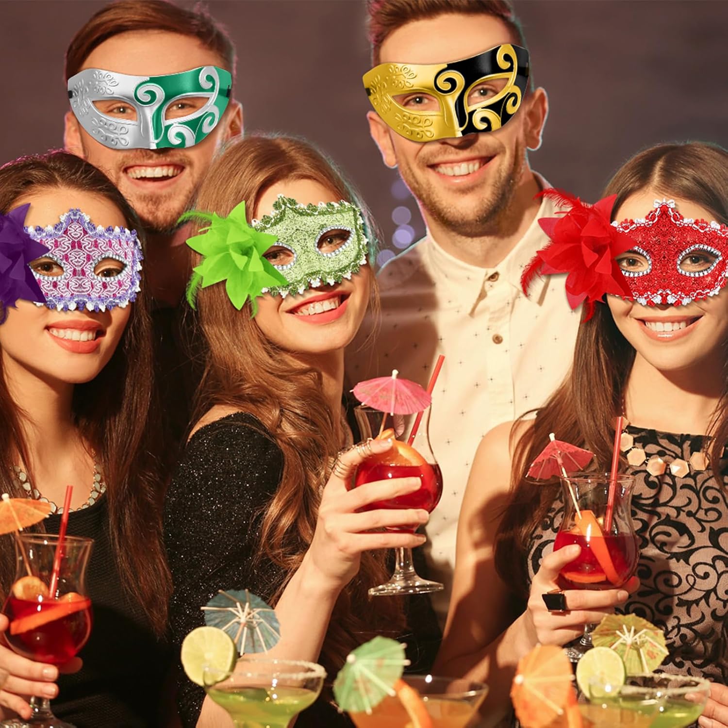 48 Pcs Couple Masquerade Mask Bulk Plastic Flower Half Face Mask with Feather for Women Unisex Retro Venetian Mardi Gras Lace Valentines Carnival Costume Birthday Cosplay Party