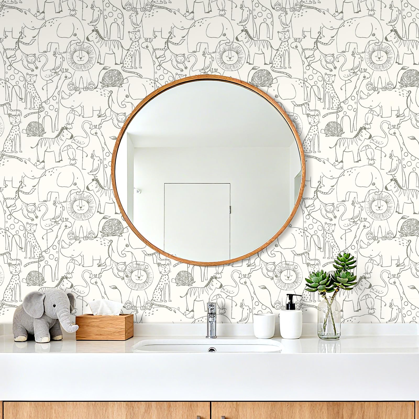 Livelynine Papel Pintado Pared Infantil Animales 44.5CMx7M Papel Adhesivo Pared Beige con Dibujos Animales Zoológico Dormitorio Infantil Neutro Vinilos Adhesivos para Muebles Infantiles Niña Niño