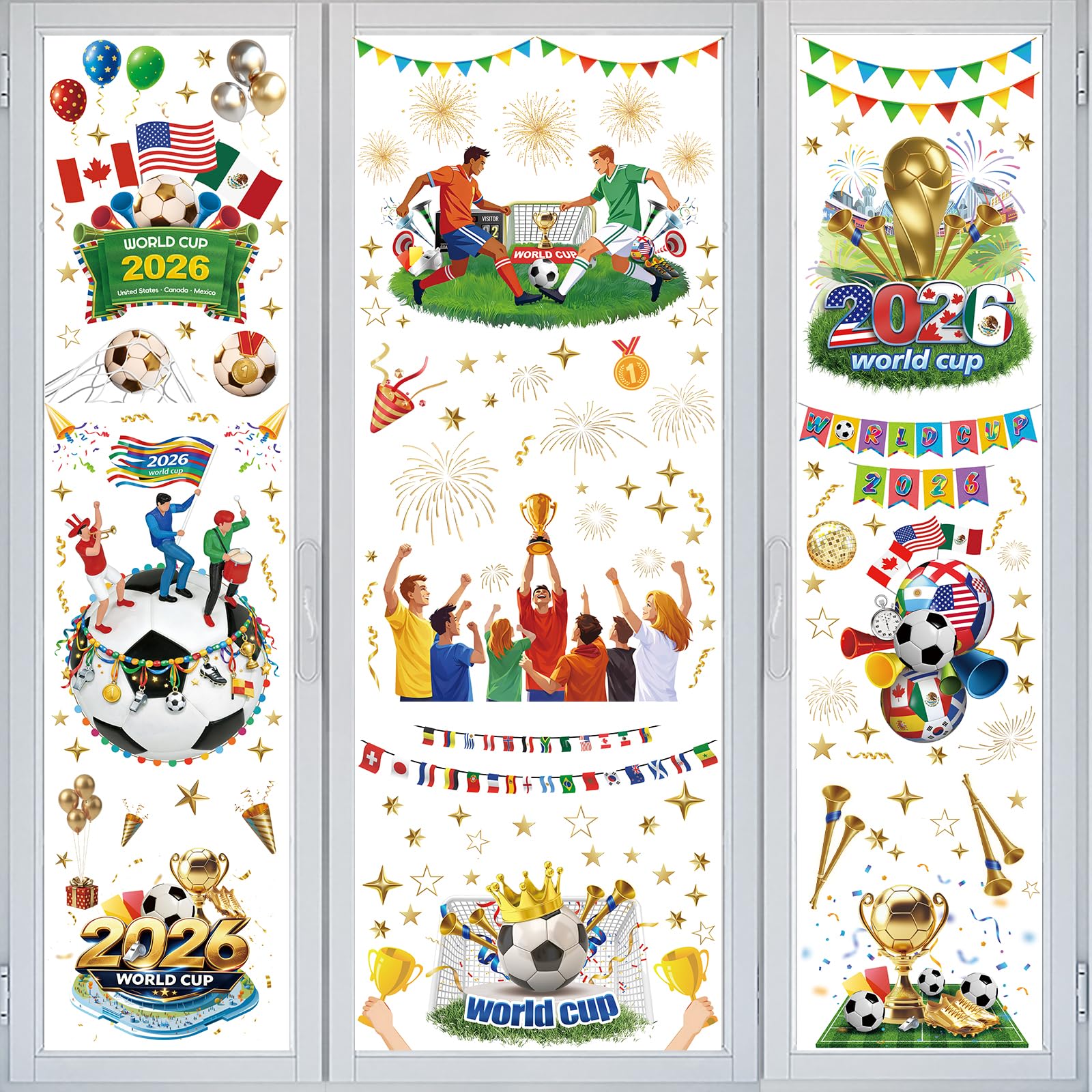 AhfuLife World Cup Football Window Stickers Decorations 2026, 9 Sheets Reusable Window Clings for Football Decorations 2026, Double Side Decals for World Cup Home Office Shop Party Indoor Decorations
