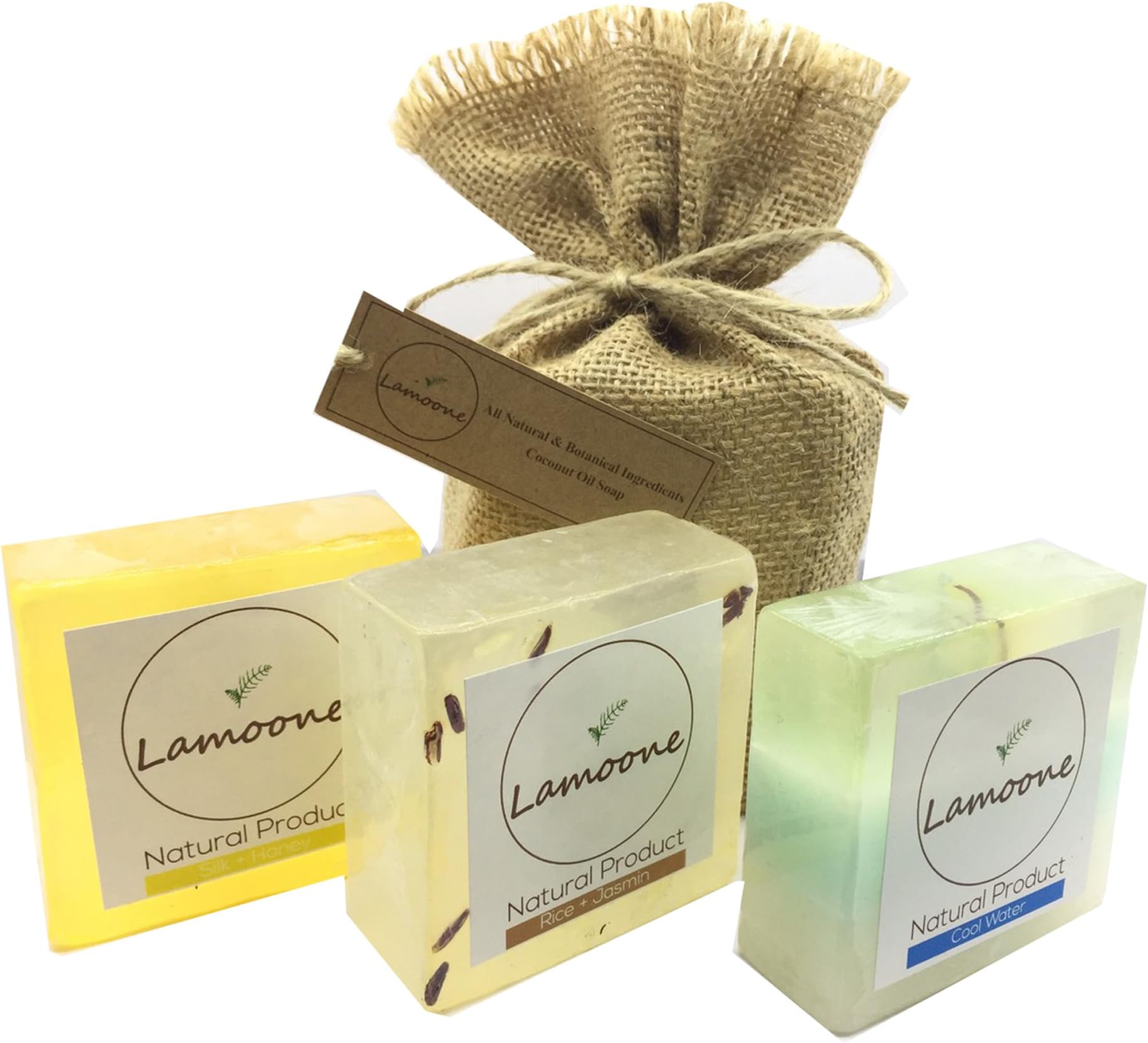 Set of 3 Natural and Organic soap bar 4.4 oz each in Natural Burlap Gift Bag (Honey, Jasmine Rice, Cool Water) Premium Natural Glycerine with coconut oil and Palm Oil - All natural