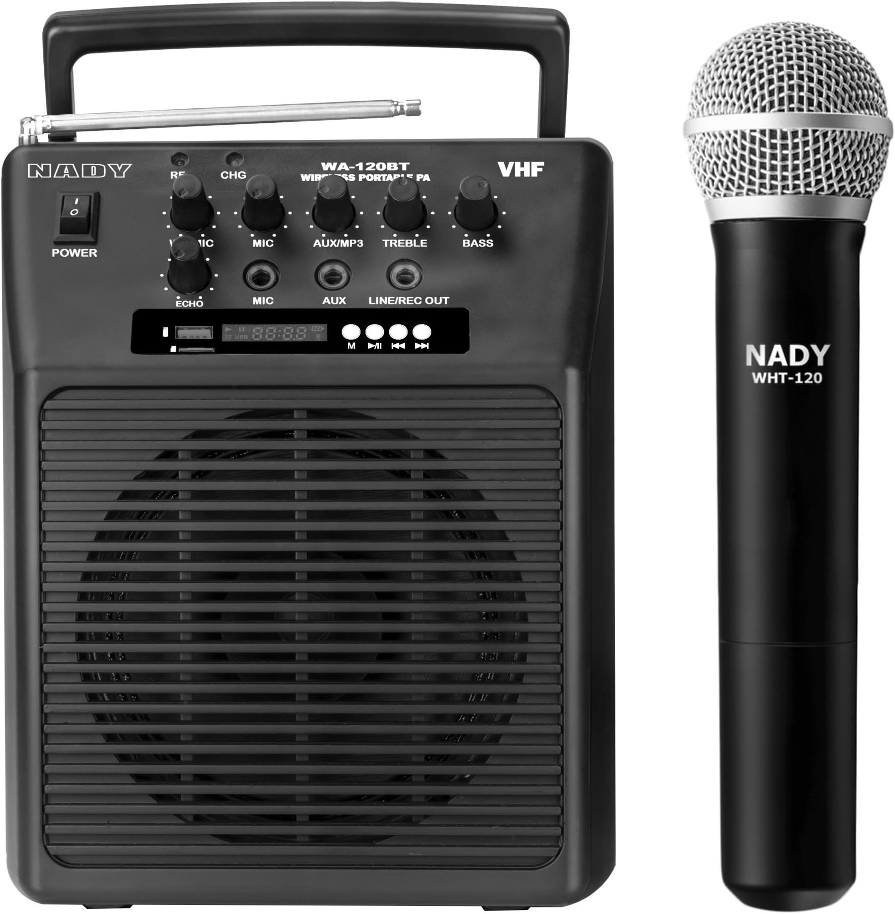 Nady WA-120BT HT Wireless Portable compact P.A full-range speaker system with built-in amplifier, BLUETOOTH, mp3 player, mixer, handheld wireless microphone with rechargeable battery