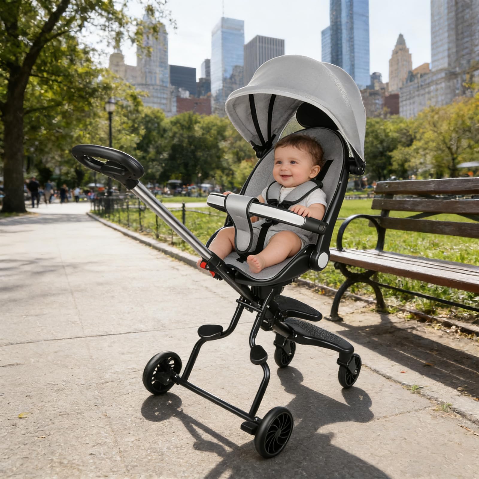 Supfine Passeggino da viaggio ultraleggero con sedile regolabile, parapioggia pieghevole, cintura di sicurezza a 3 punti, fino a 15 kg, altezza totale 108 cm (grigio)