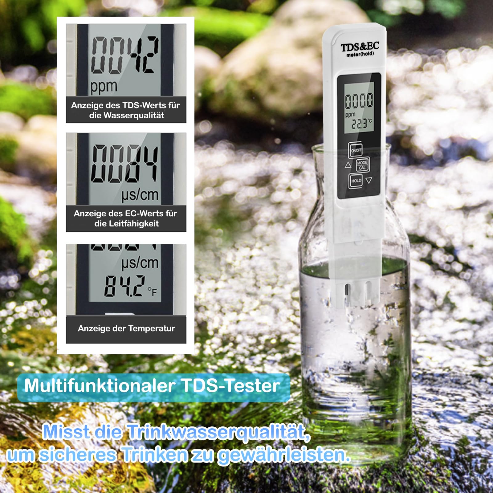 PH Messgerät, PH TDS EC und Temperatur 4 in 1 Set, Wasserqualität Tester mit hoher Genauigkeit, Pool Tester mit LCD-Display, Leitfähigkeitsmesser für Schwimmbad, Trinkwasser, Aquarium