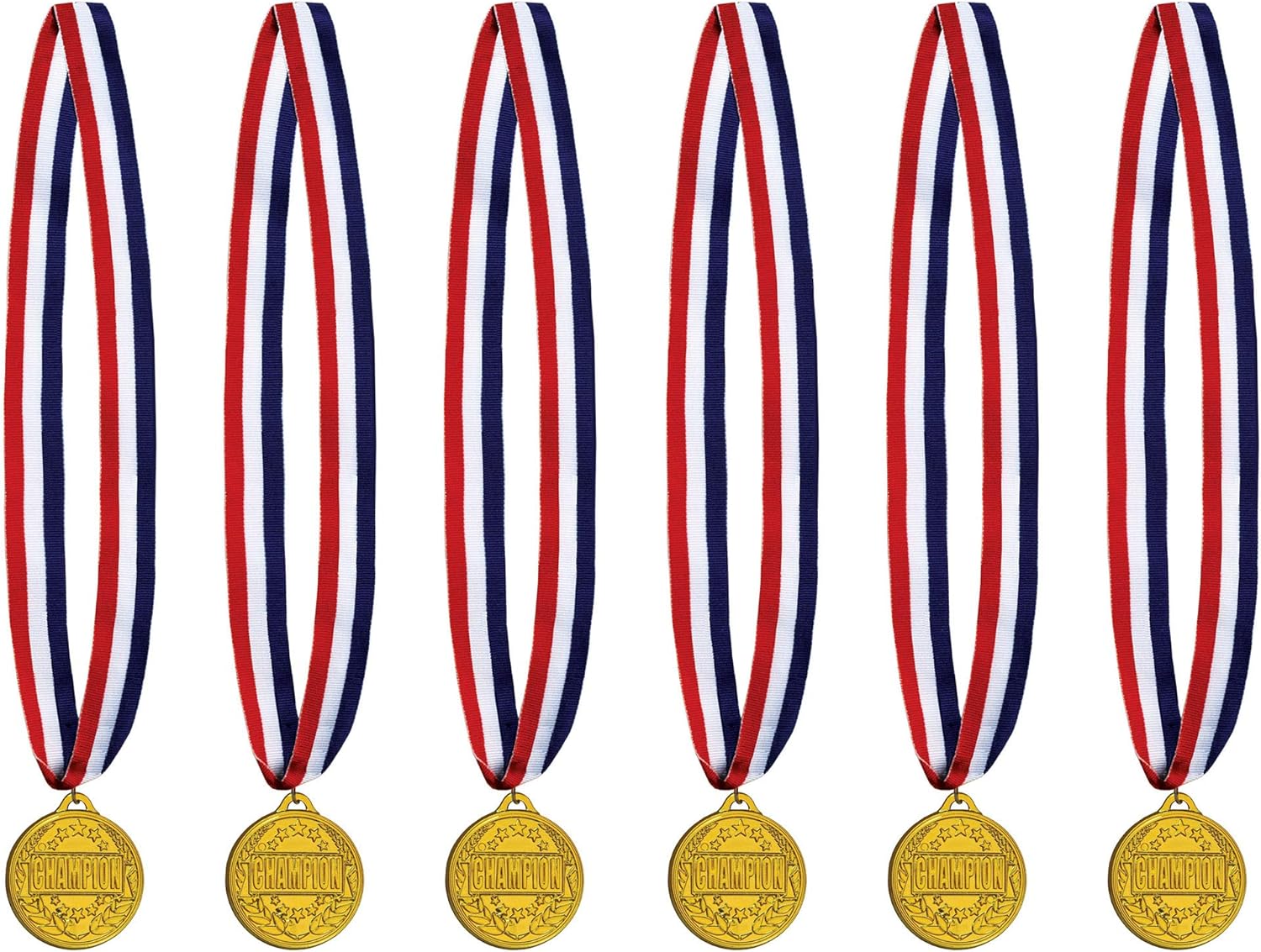 Beistle Champion Medal with Ribbon, 6 Piece, 30", Red/White/Blue/Gold