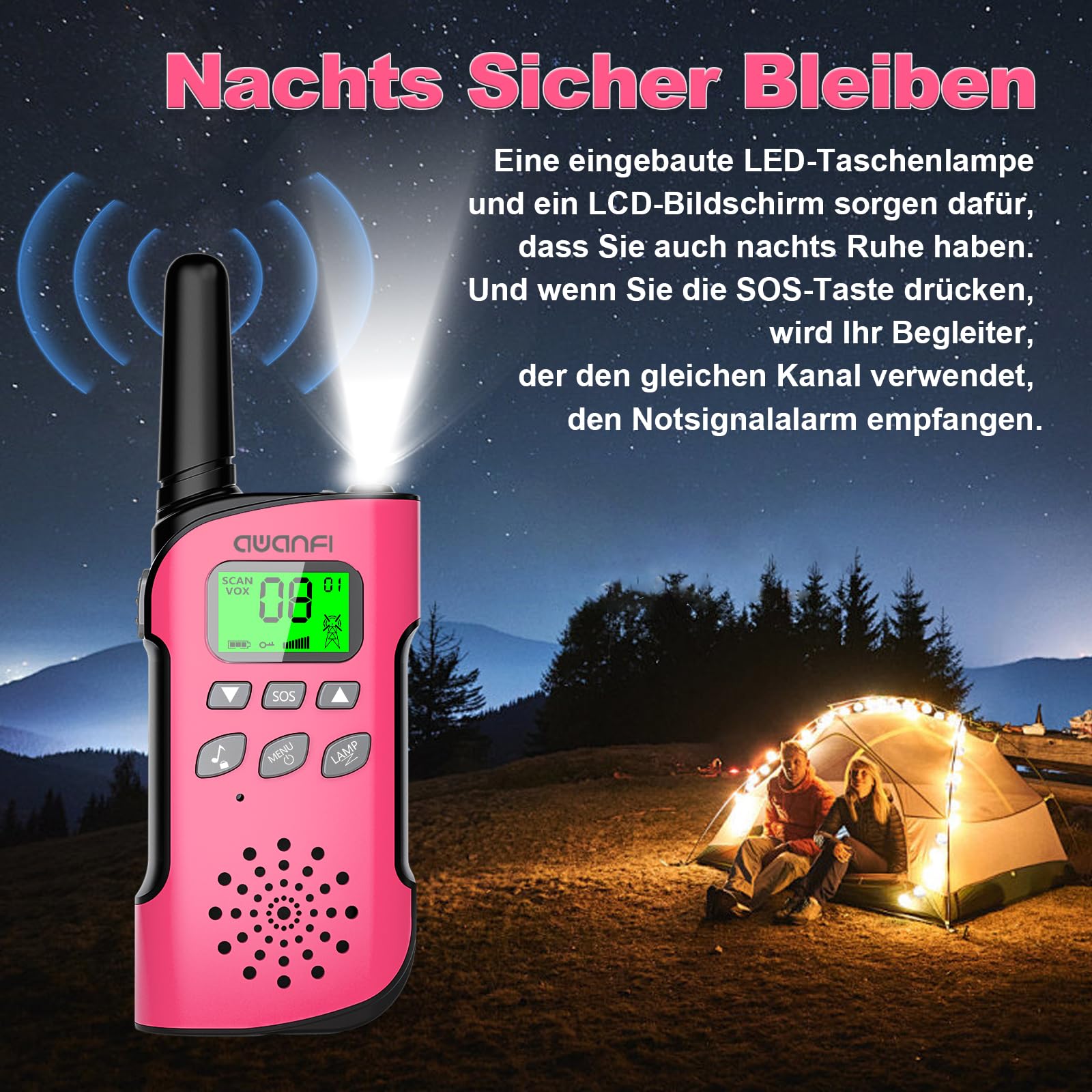 Walkie Talkie für Kinder 4er Set, Walkie Talkie Aufladbar mit Li-ion Akku, Walky Talky mit VOX, Taschenlampe, Funkgerät Set, Walki Talki Camping Abenteuer, Geschenk für Kinder de 3-12 Jahre