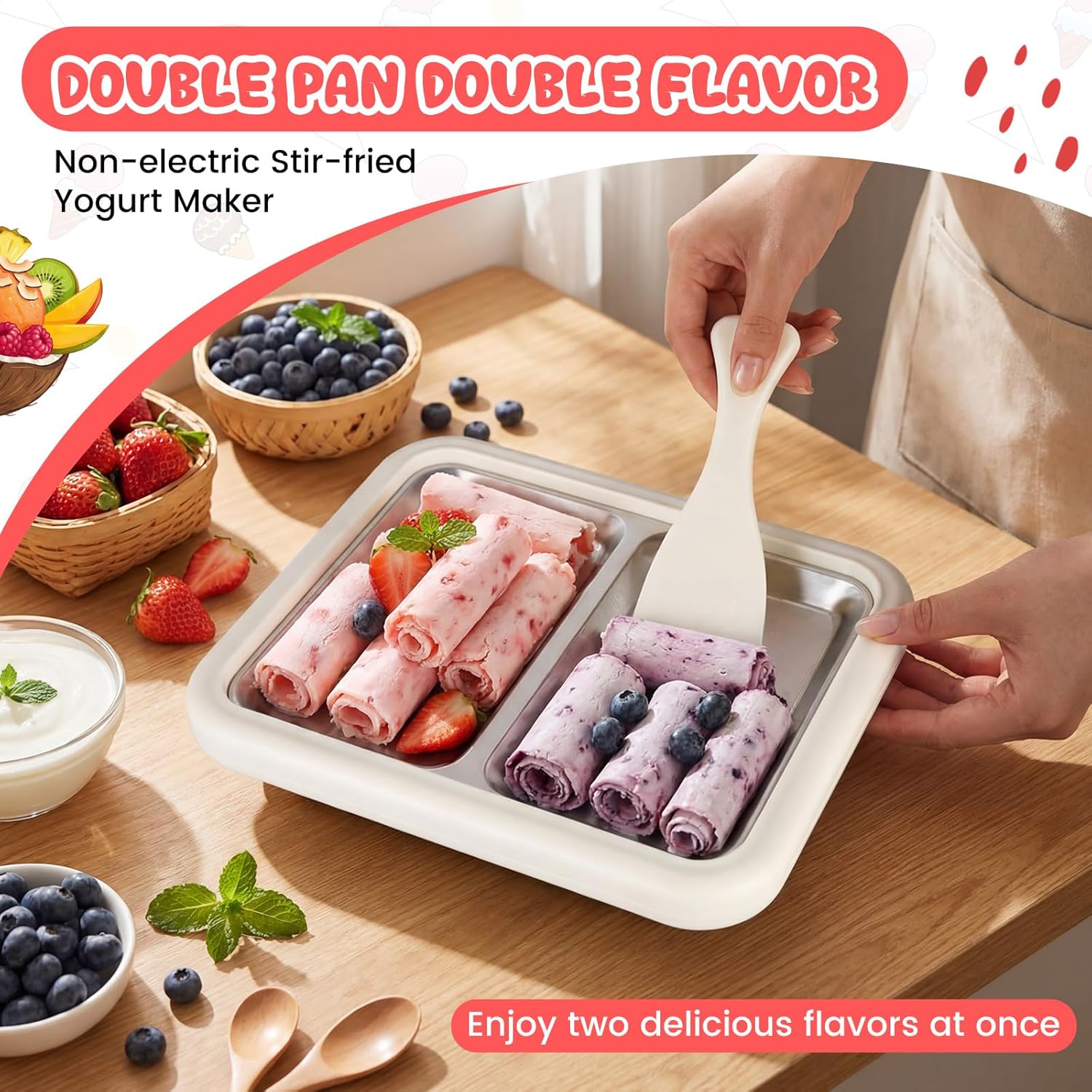 VIHOSE Dual Pan Rolled Ice Cream Maker for 2 Flavors, Instant Ice Cream Roller Tray with 4 Scrapers, 304 Stainless Steel Cold Plate No-Electricity Easy to Use for DIY Rolled Gelato Yogurt(White)