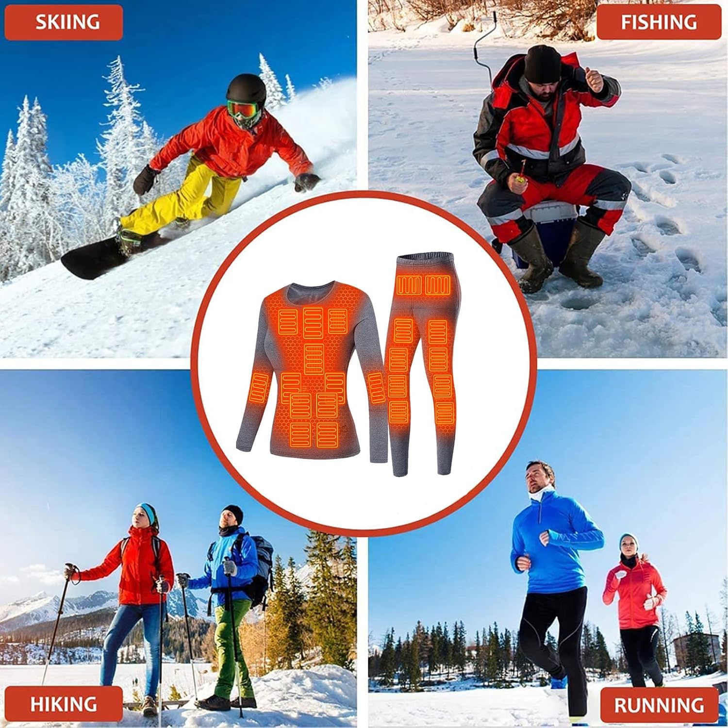 Zimowy Elektryczny Podgrzewany Zestaw Bielizny Odzież Motocyklowa Damskie Polarowe Topy Termiczne Spodnie Ski Ogrzewanie Kombinezon, Grey, 3XL(Bust:100cm)