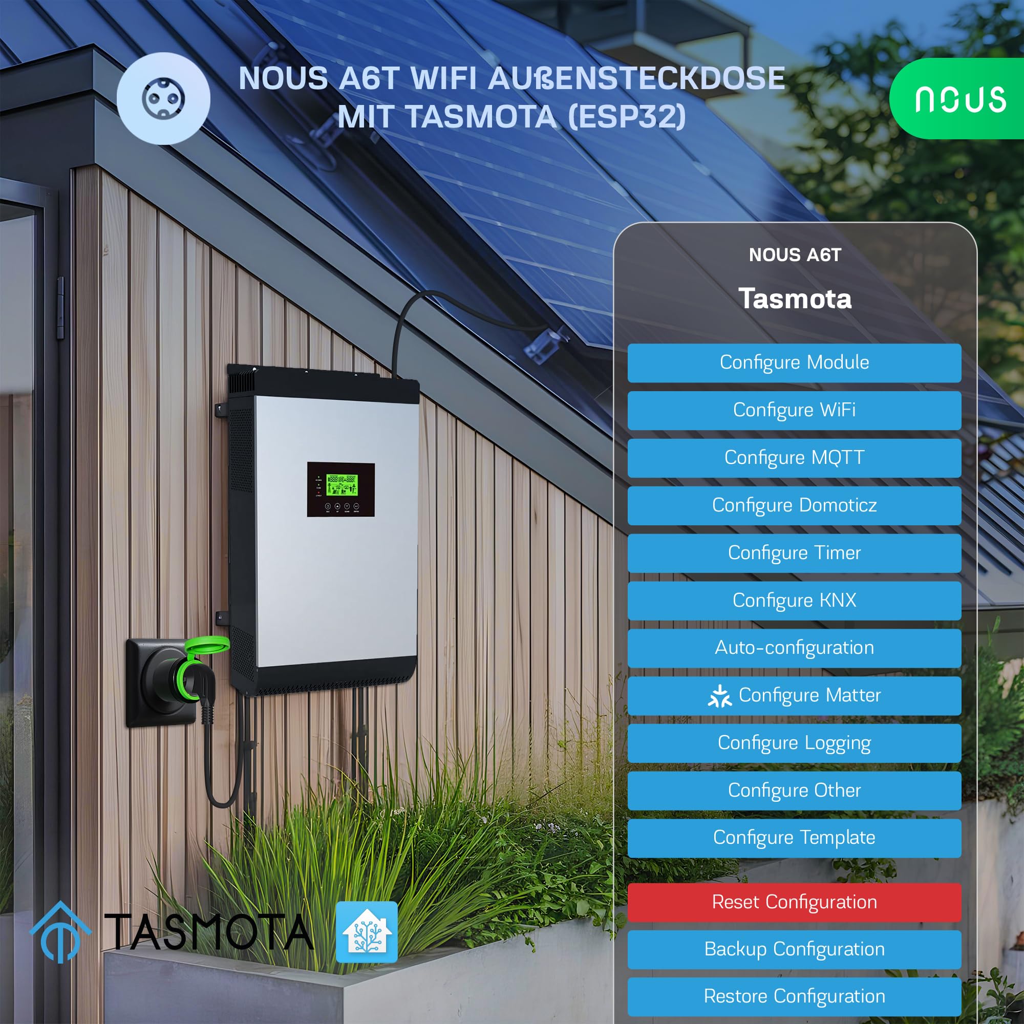 NOUS A6T Tasmota Smart gniazdko zewnętrzne ESP32, wodoszczelne gniazdko IP44, gniazdko 16 A z zużyciem prądu, licznik prądu, timer, kompatybilne z Alexa, Google Home Assistant, MQTT, WiFi 2,4 GHz