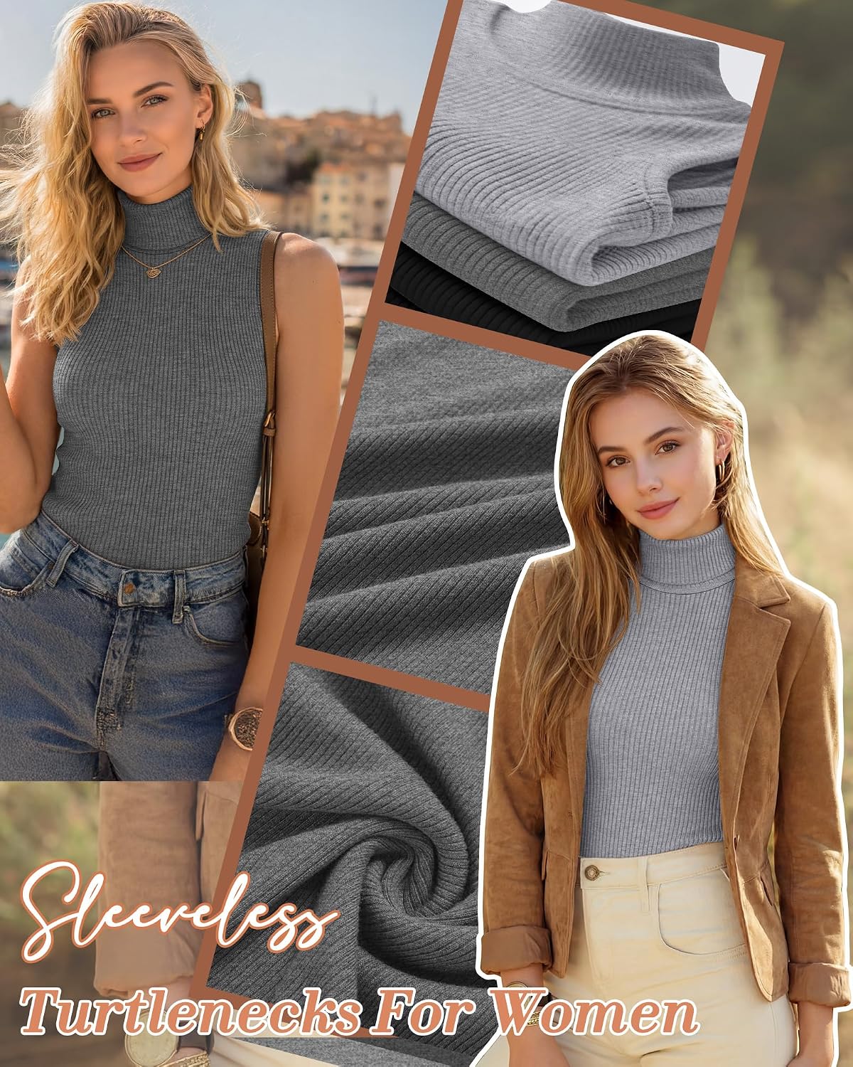 Ficerd 3 Pack Women's Sleeveless Mock Turtleneck Tank Tops Ribbed Knit Slim Fitted Stretchy Shirts Casual Layer Basic Tees